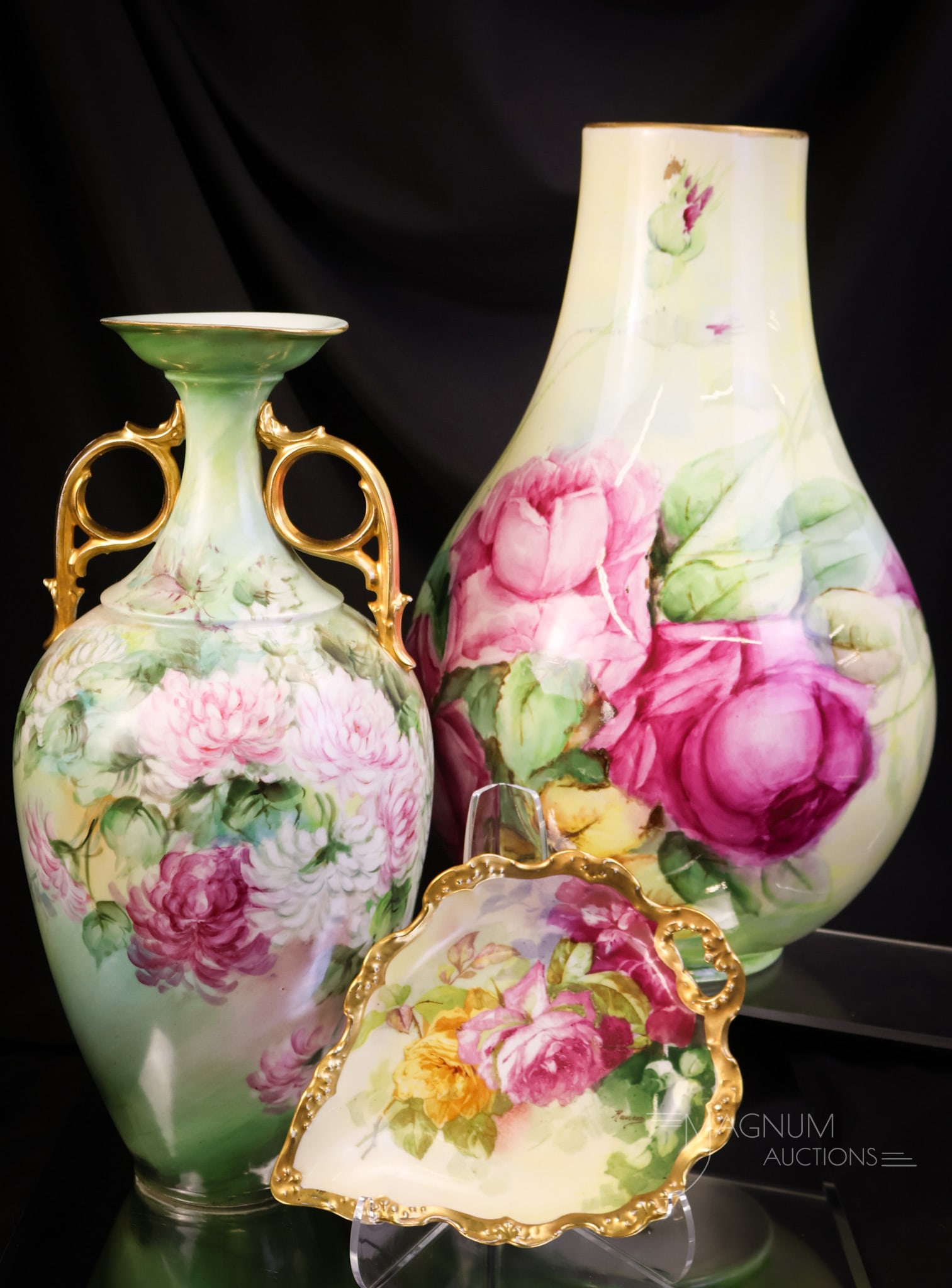 3 pc Lot Hand Painted Porcelain Belleek Coronet Limoges: Three lovely finds in hand-painted porcelain for your bidding pleasure. The first is a large Belleek vase with roses and gilt decoration. The second is a double-handled vase with gold and chrysanthemu