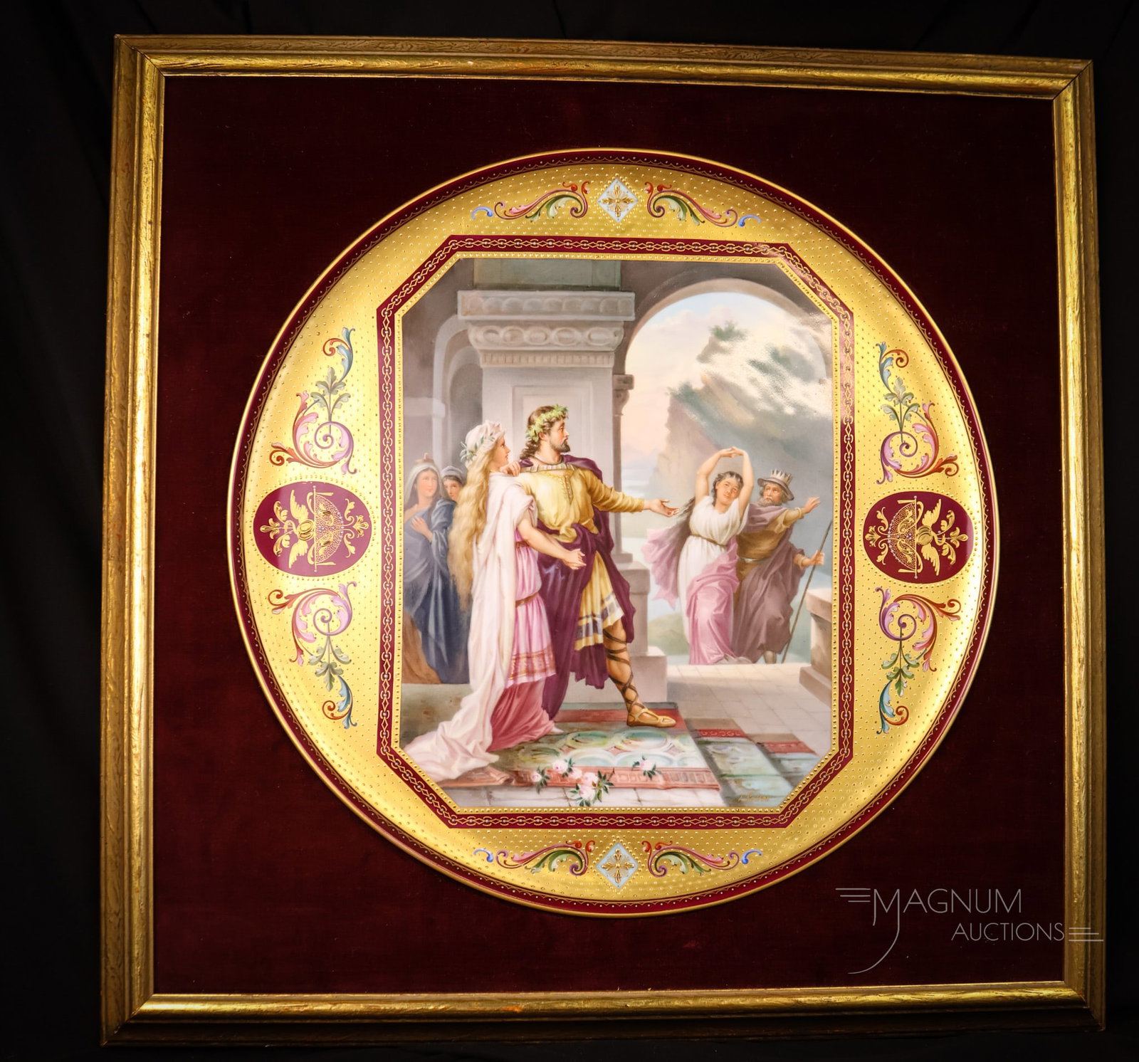 Austrian 19 1/2" Royal Vienna Style Artist Signed Framed Charger: A wonderful Austrian Royal Vienna style framed charge featuring a scene of Richard Wagner's opera cycle, "Der Ring des Nibelungen" or (The Ring of the Nibelung). The piece is artist-signed. The charge