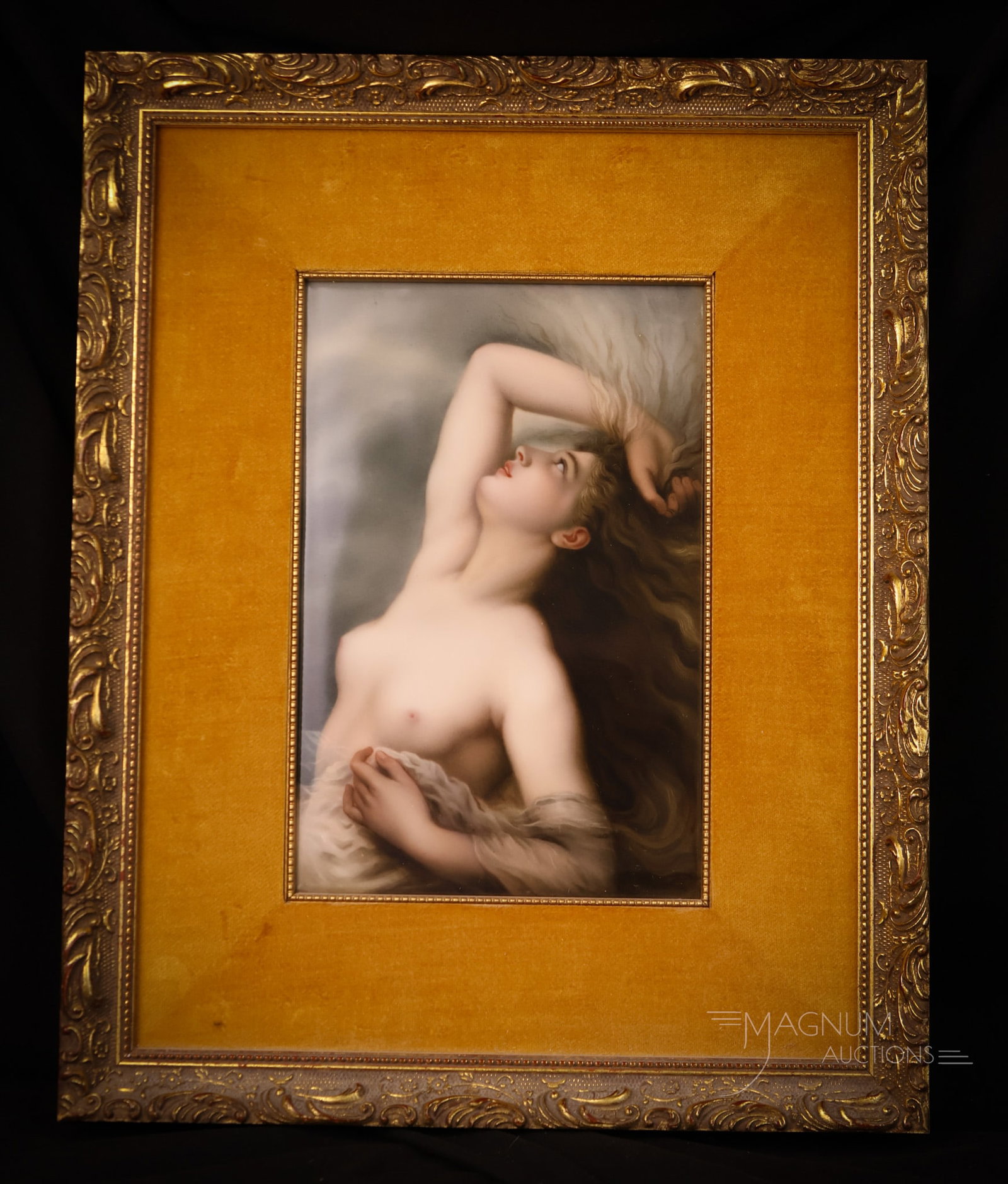 Marked K.P.M. Framed Portrait Plaque: A gorgeous marked K.P.M. portrait plaque. This plaque is framed with a velvet lining and features a bare-breasted woman with flowing hair. The plaque measures 8 1/4" by 5 1/2". The frame measures 14" 