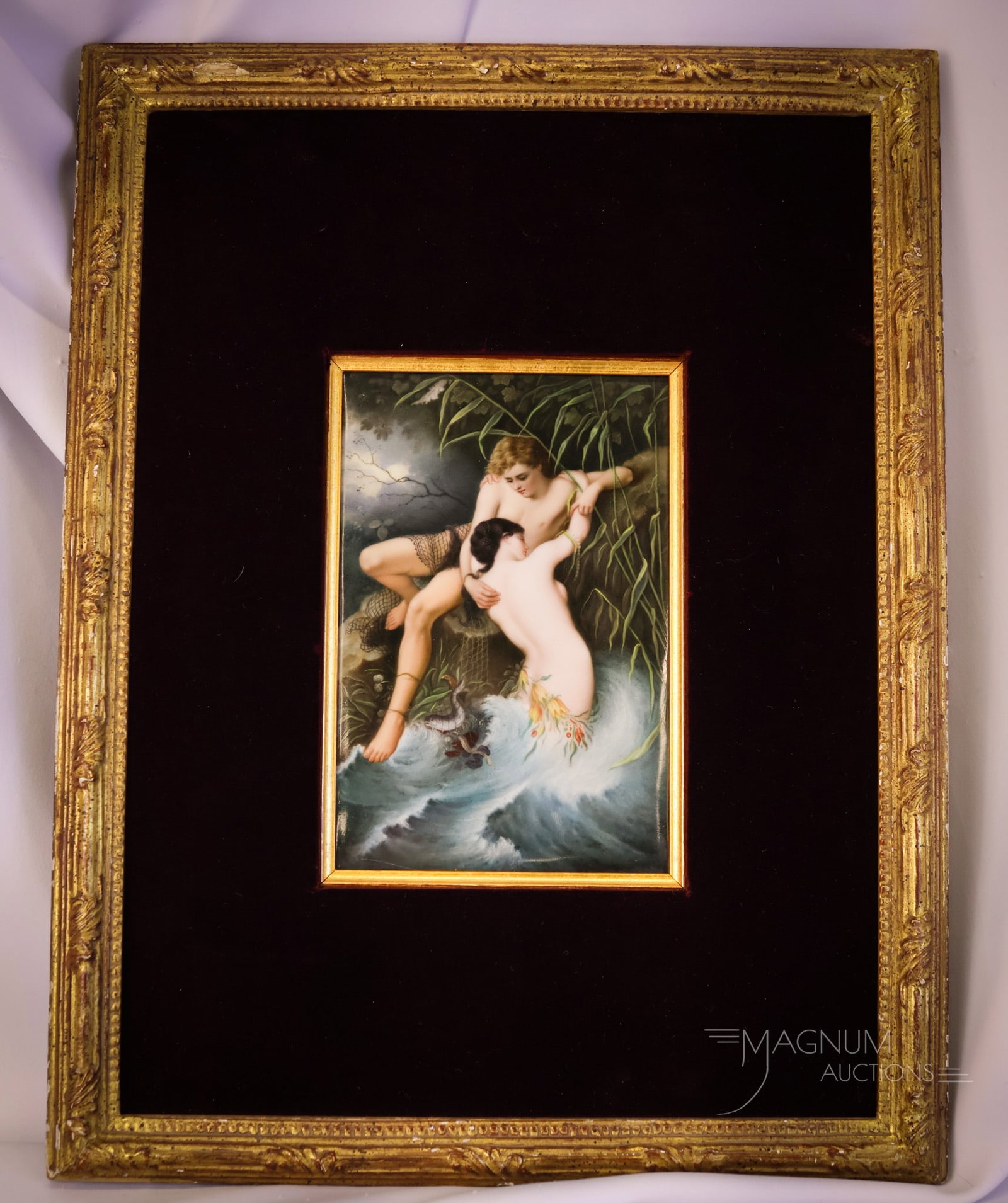 Marked K.P.M. Porcelain Lovers Framed Portrait Plaque: A beautiful and marked K.P.M. portrait plaque depicting a pair of nude lovers embracing each other. The plaque measures 8 1/4" by 5 1/2". The frame measures 19" by 14 1/2". SHIPPING NOTICE: If you cho