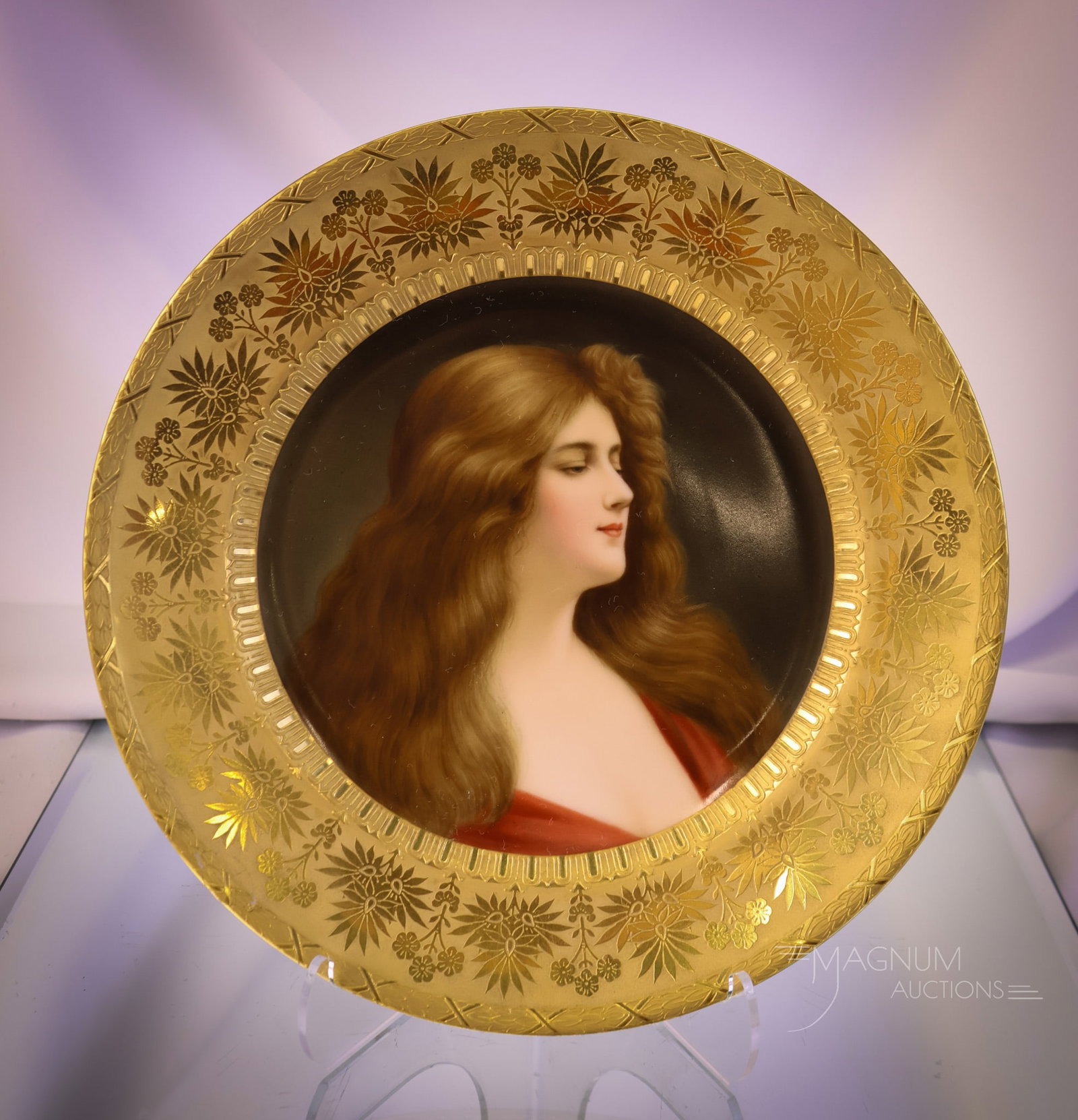 Royal Vienna Porcelain "Reflexion" Portrait Plate: A wonderful hand-painted Royal Vienna portrait plate featuring "Reflexion" decoration. This plate features a woman with gorgeous flowing hair and a heavy gold decorated border. SHIPPING NOTICE: If you