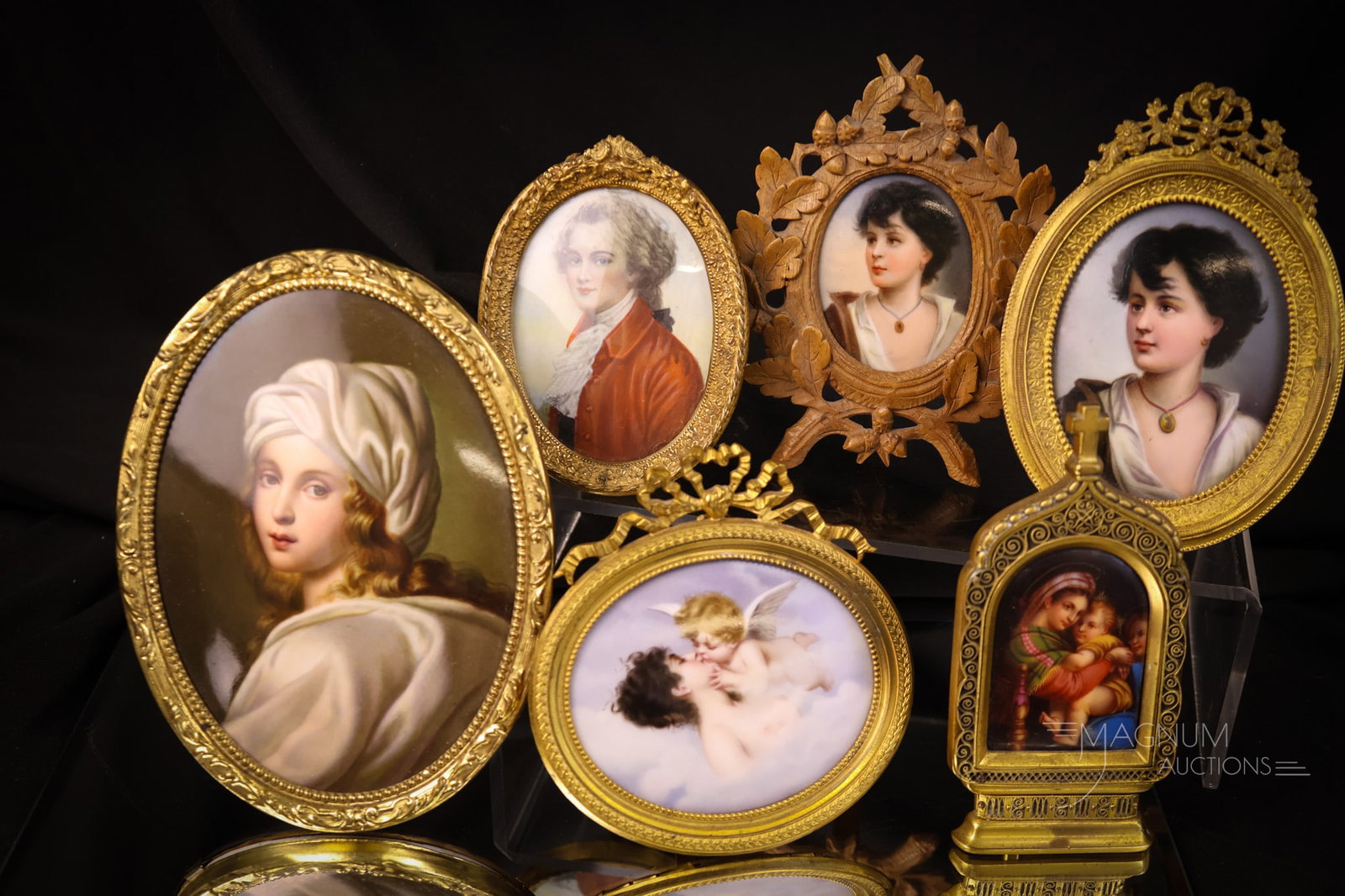 6 pc Lot Miniature Hand Painted Portrait Plaques: Six delightful and beautiful miniature hand-painted portrait plaques. The largest measures 6" by 4 1/2". SHIPPING NOTICE: If you choose not to utilize the LiveAuctioneers LiveShip program, MAGNUM AUCT