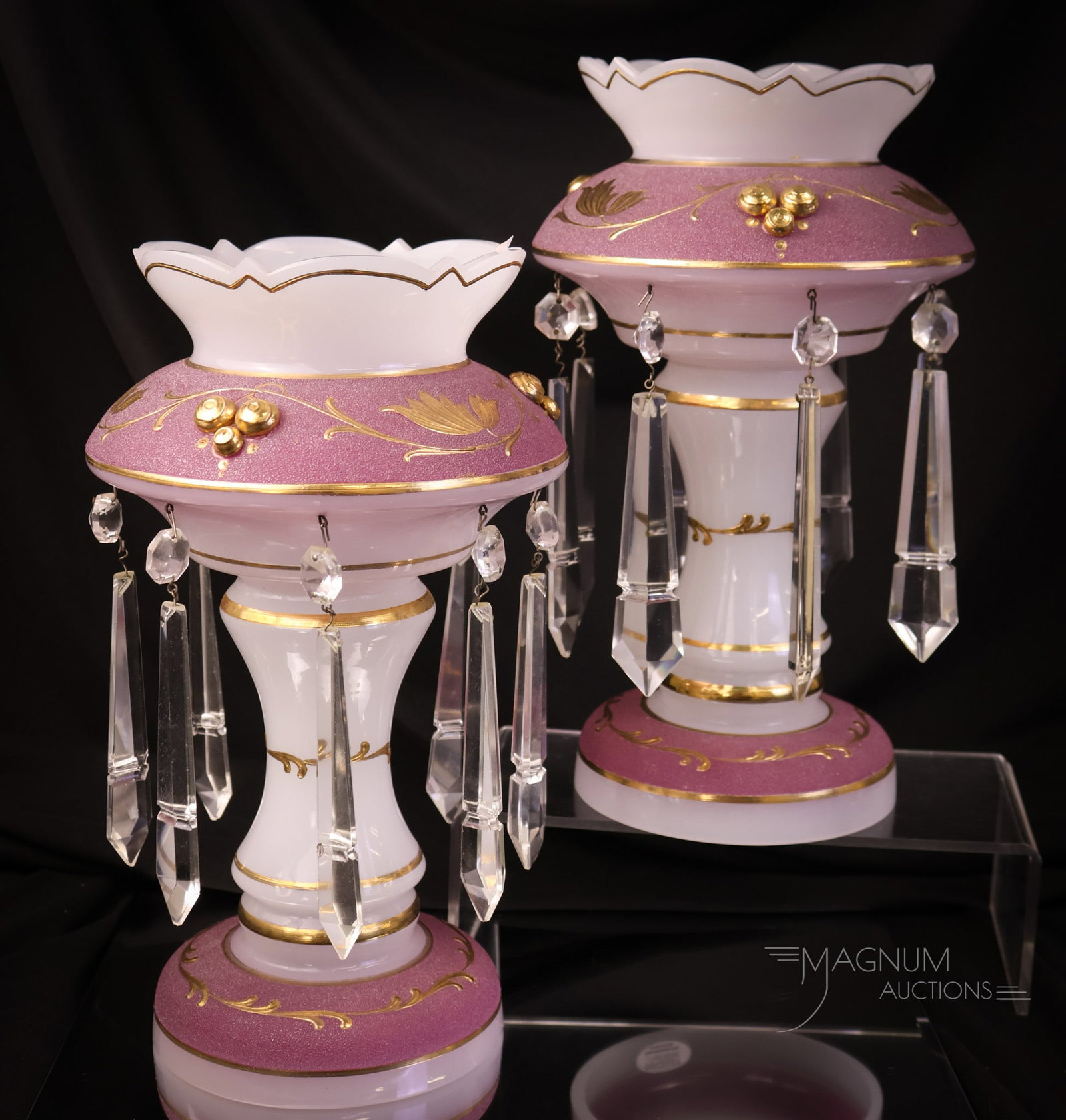 Pair Art Glass White Opaline Decorated Glass Mantle Lusters (1 of 7)
