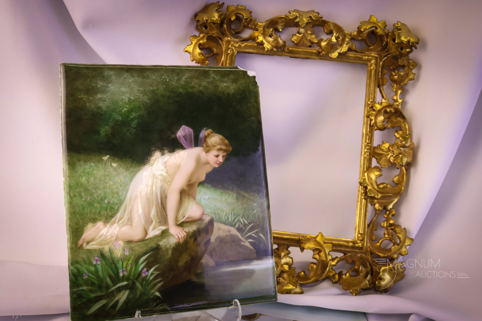 2 pc Lot Portrait Plaque & Gilt Frame: Two nice finds for the restorer or collector. The first is a gilt wooden frame. The frame measures 15" by 12 1/2". The opening is 10 1/8" by 7 3/4". There are losses and repairs to the frame. The seco