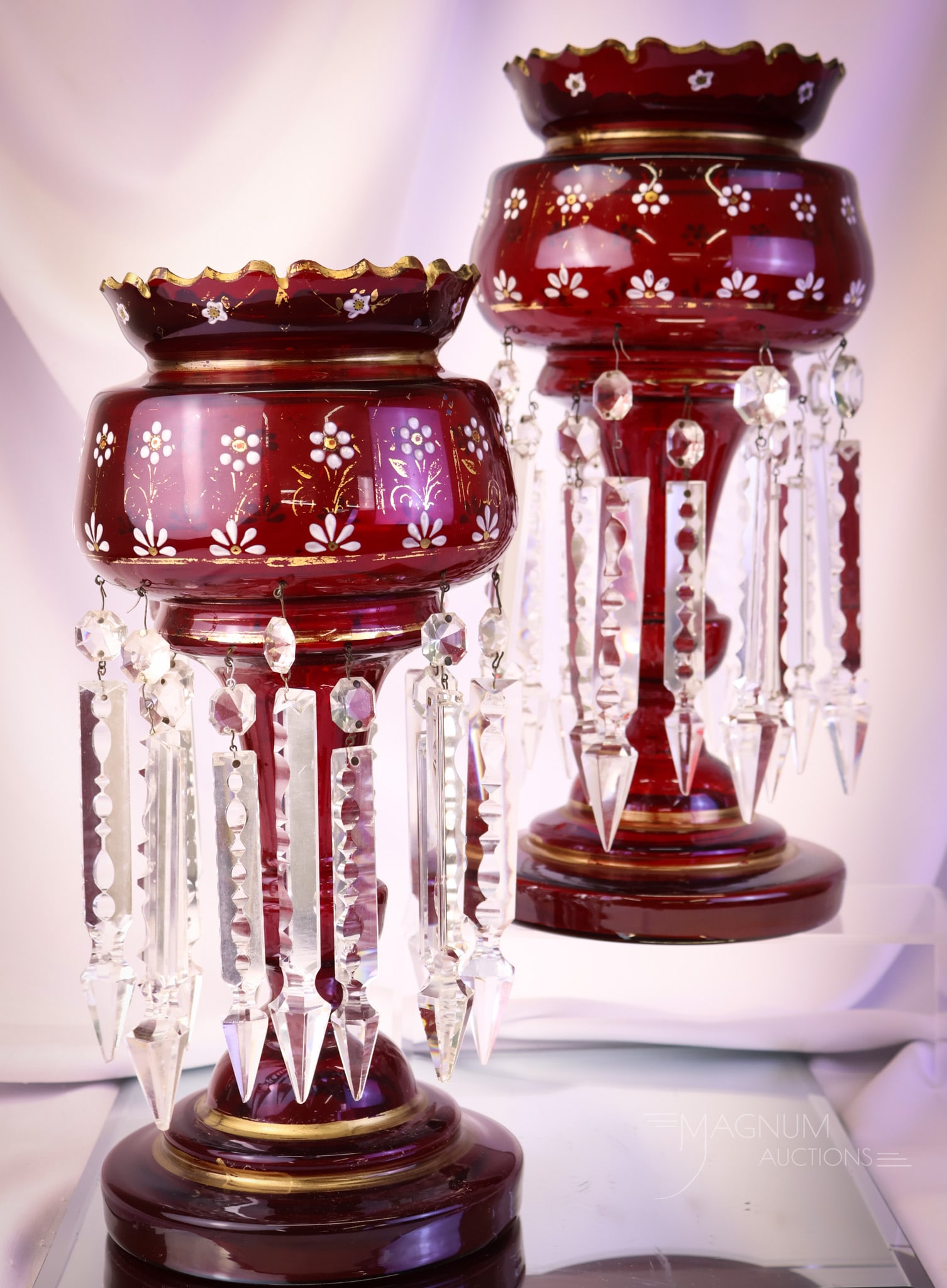 Pair of Ruby 14 3/4 Victorian Enameled Gilt Glass Mantle Lusters (1 of 7)
