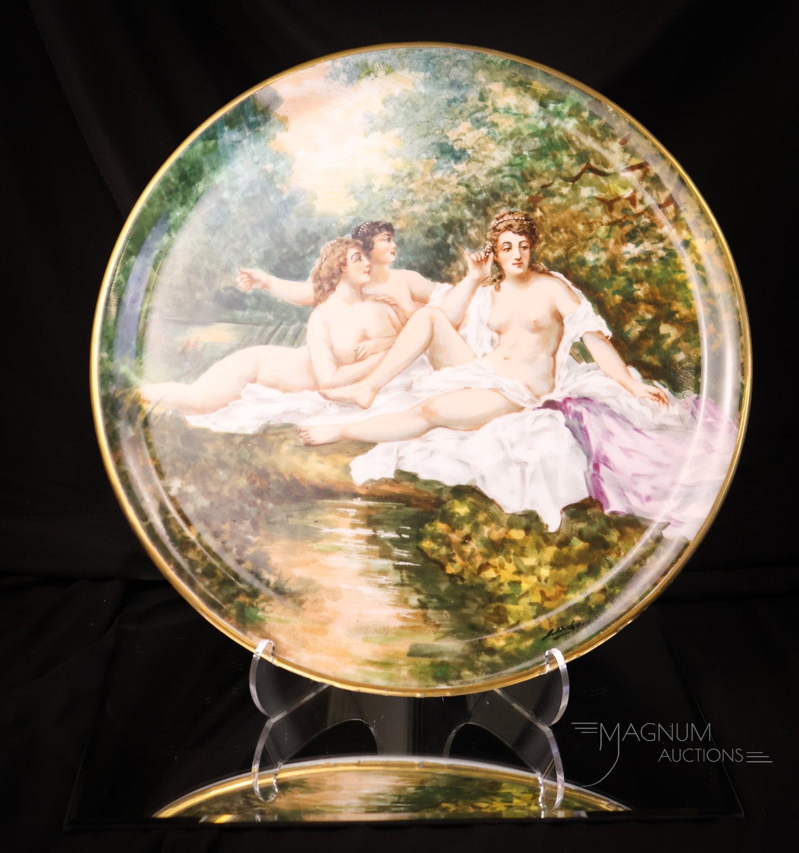13" Museum hand Painted Limoges Charger "Three Nudes Bathing" by Dubois (1 of 8)