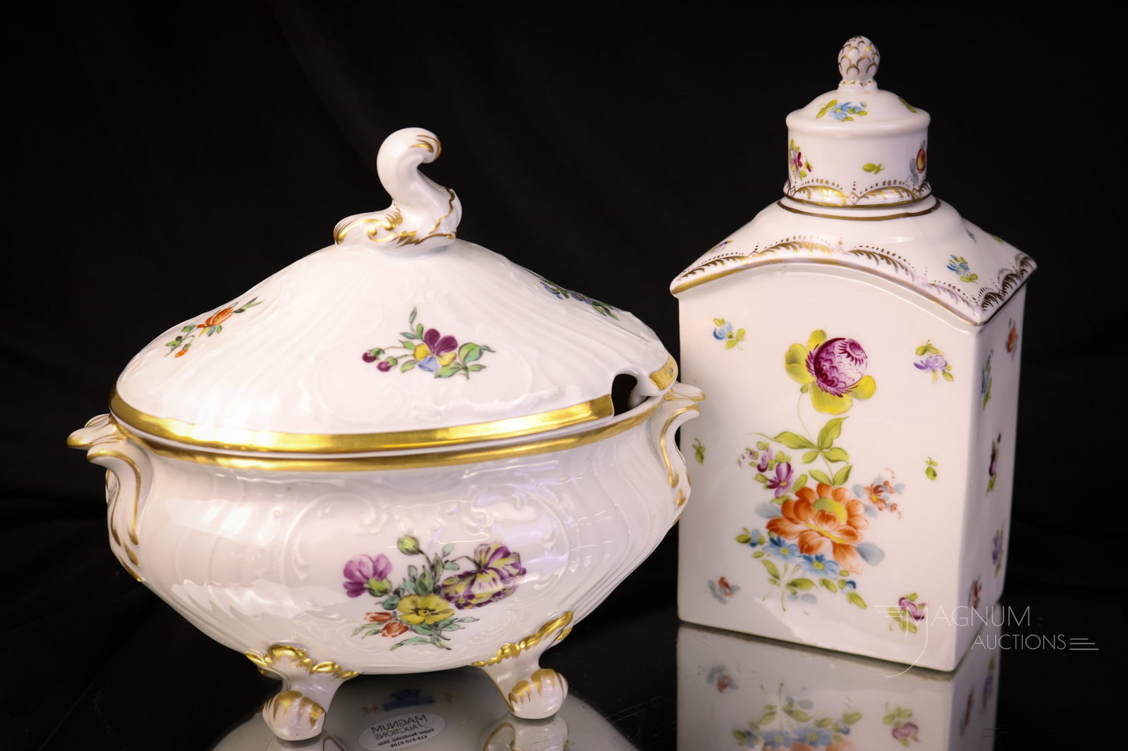 2 pc Lot Royal Copenhagen Porcelain Tea Caddy and Petite Tureen: Two charming finds in Royal Copenhagen porcelain. The first is a tea caddy with Dresden floral decoration. The second is a petite tureen with a notched lid. The tallest measures 7". SHIPPING NOTICE: I