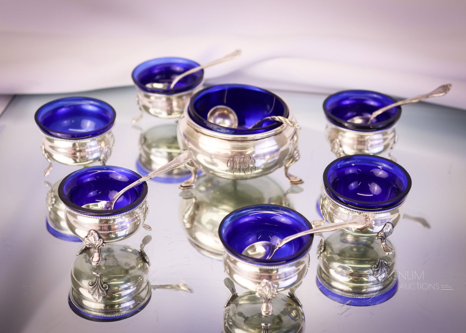 Lot Open Cobalt Glass Salts Sterling Silver & More: A wonderful lot of various finds and a set of cobalt glass open salts. The ONLY item clearly marked sterling is the master salt and two of the spoons. The six small salts are in marked Denmark frames.