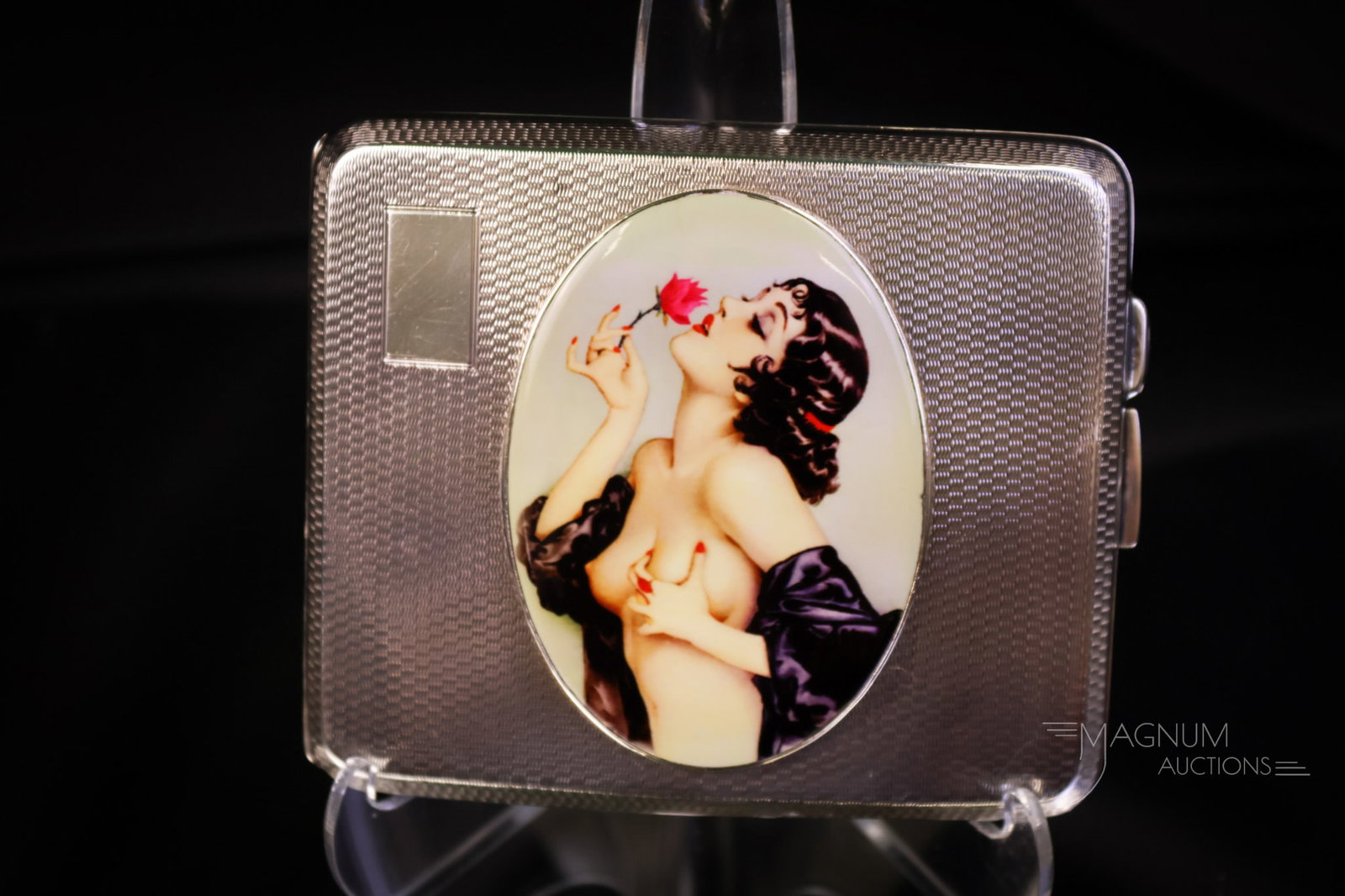 English Hallmarked Sterling Silver Art Deco Erotic Cigarette Case w/ Enameled Plaque: Another fine English hallmarked sterling silver Art Deco erotic cigarette case. This wonderful example features an enameled plaque of a topless woman smelling a rose. The piece is marked "James Walker