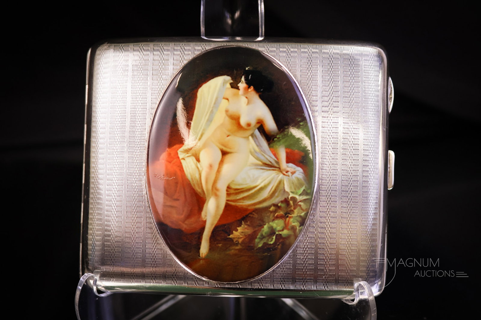 English Hallmarked Sterling Silver Art Deco Erotic Cigarette Case w/Enameled Plaque: A beautiful example of an English hallmarked sterling silver erotic cigarette case. This piece features an enameled plaque of a nude woman. The piece is inscribed as a gift by "The All Souls Church Ch
