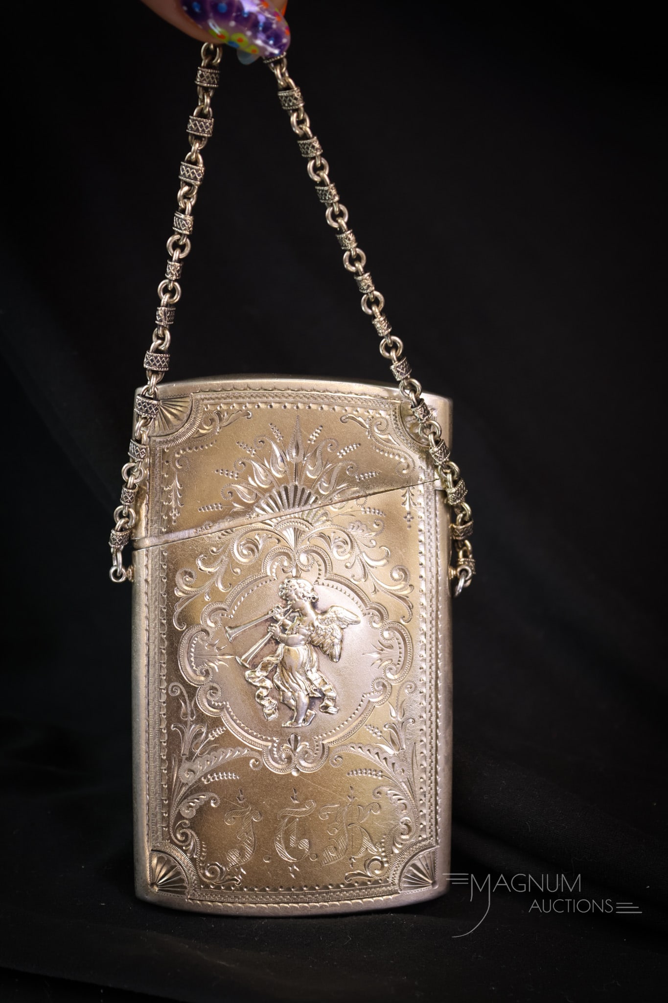 Marked Sterling Cigarette Case with Cherubs & Chain 3.520 OZT (1 of 6)