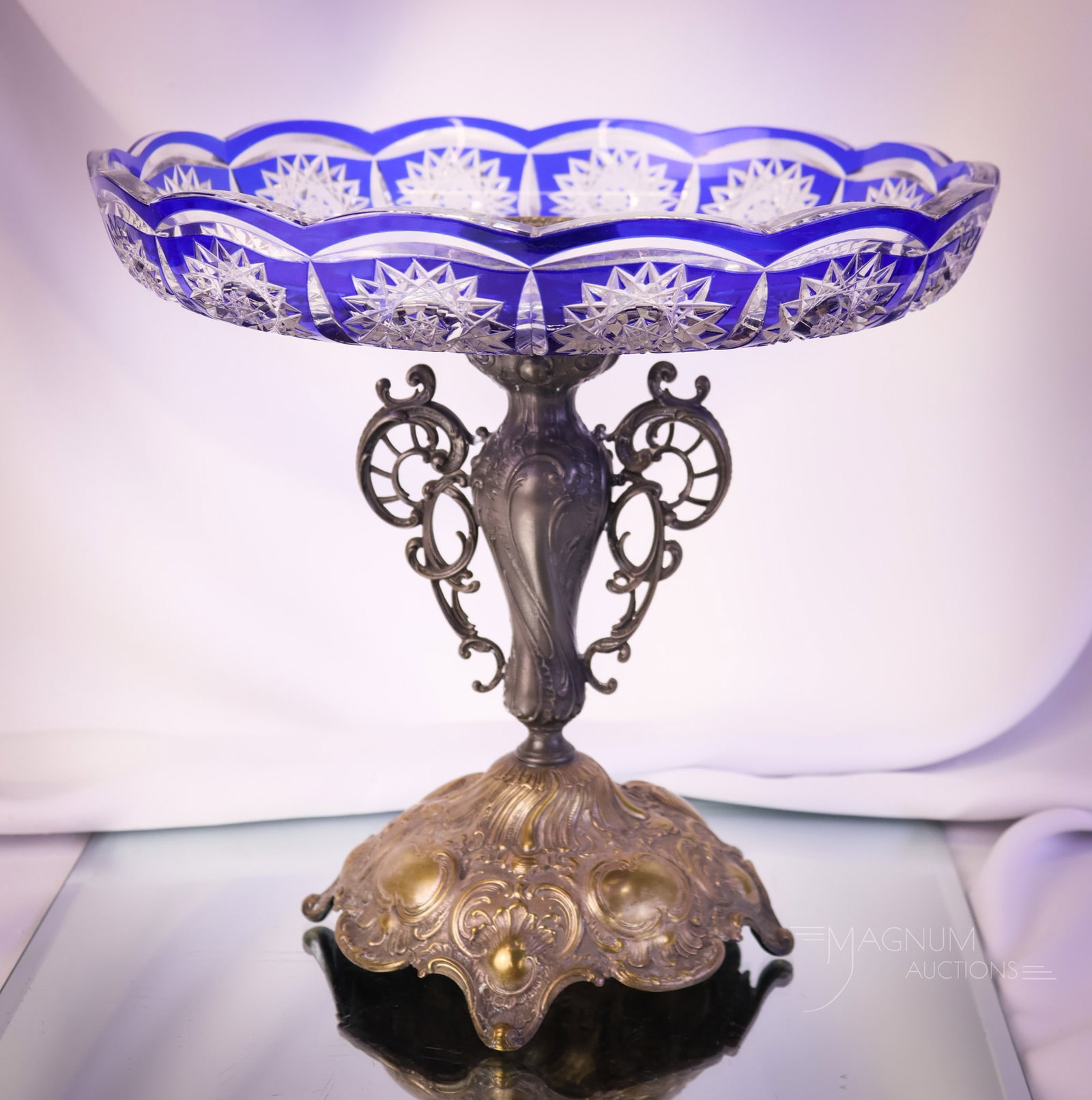 Pedestal Silverplate Blue Cut to Clear Engraved Glass Centerpiece (1 of 9)