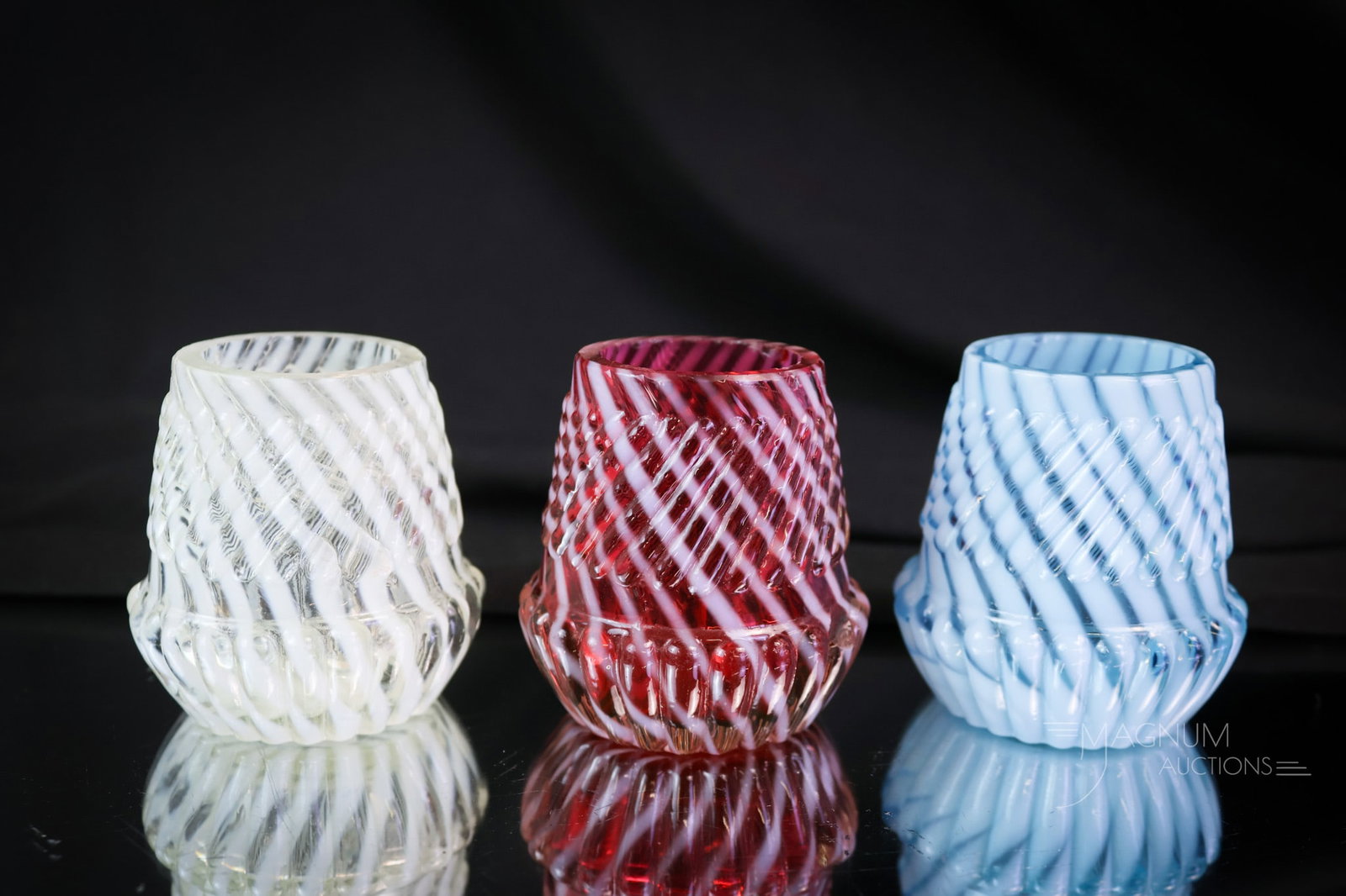 3 pc Lot Northwood Chrysanthemum Base Swirl Victorian Toothpick Holders Cranberry Blue & White: How patriotic is this little offering? We think very! Just in time for the upcoming Holidays! This lot offers three examples of Northwood's Chrysanthemum Base Swirl pattern. One in cranberry, one in b