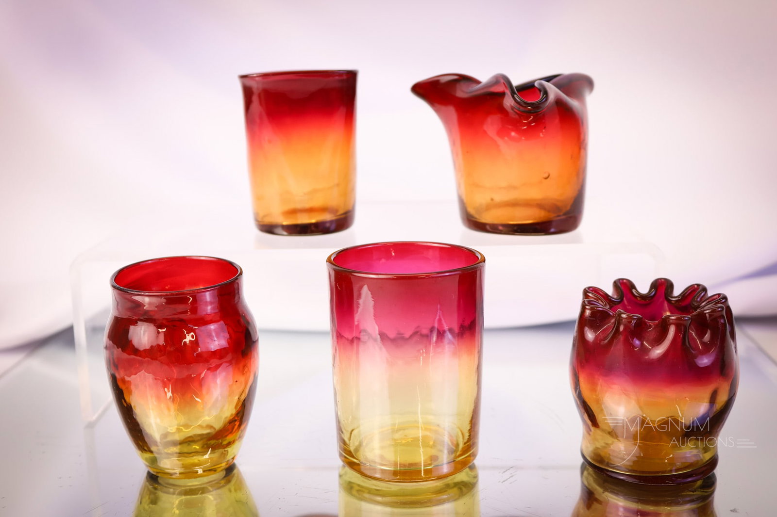 5 pc Lot Victorian Amberina Glass Toothpick Holders New England & Mt. Washington: Five nice finds in Victorian New England and Mt. Washington glass toothpick holders. Various forms to enhance your collection. This lot is one you'll want to make sure to bid on! The tallest measures 