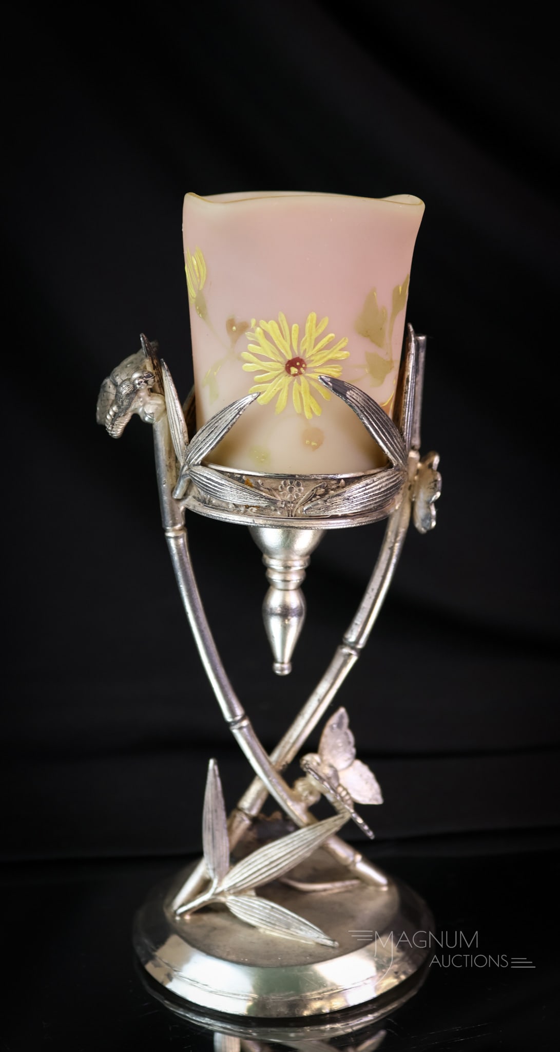 Tufts Silverplate Mt. Washington Decorated Burmese Victorian Toothpick Holder: A great find in Victorian silverplate and glass. This holder is marked, Tufts. It is ornate, featuring flowers and butterflies. The glass is by Mt. Washington. It is burmese and is decorated with enam