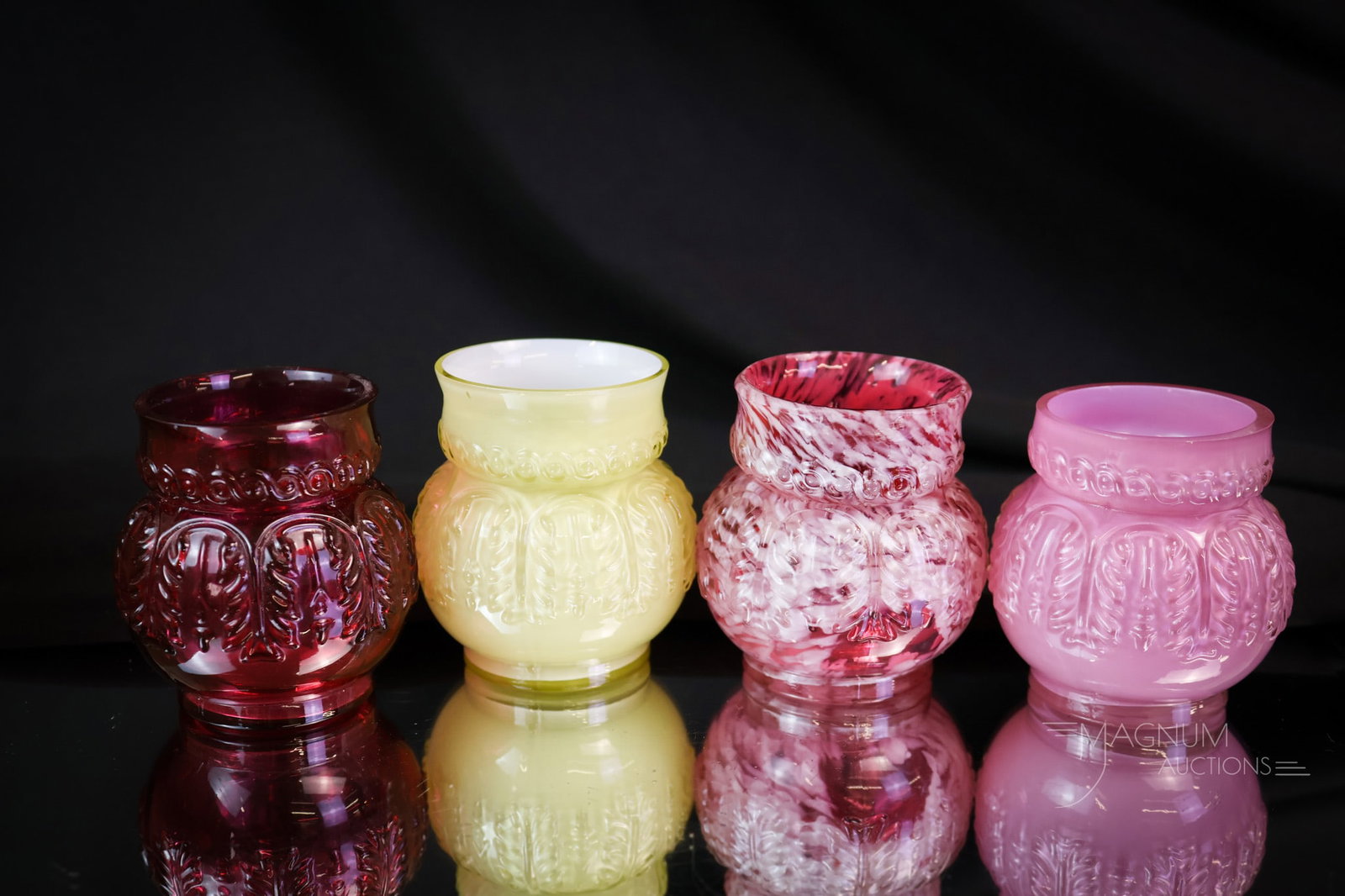 4 pc Lot Northwood Leaf Umbrella Victorian Glass Toothpick Holders Cranberry Uranium Yellow & More: Four uniquely colored Victorian Northwood glass toothpick holders. This lot combines a cranberry, a uranium-rich yellow-cased toothpick, a cranberry spatter, and, lastly, a mauve-cased toothpick. The 