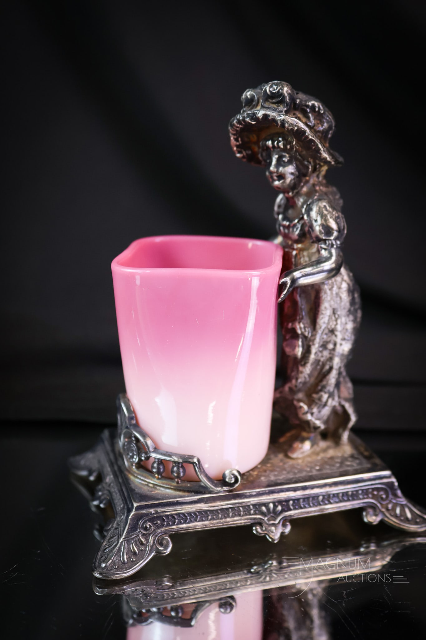 Tufts Victorian Silverplate Kate Greenaway New England Peachbloe Glass Toothpick Holder: A beautiful find in a marked Tufts silverplate Kate Greenaway frame, along with a New England Glass peachblow toothpick holder. This piece is surely a collection-enhancing find for any collector. The 