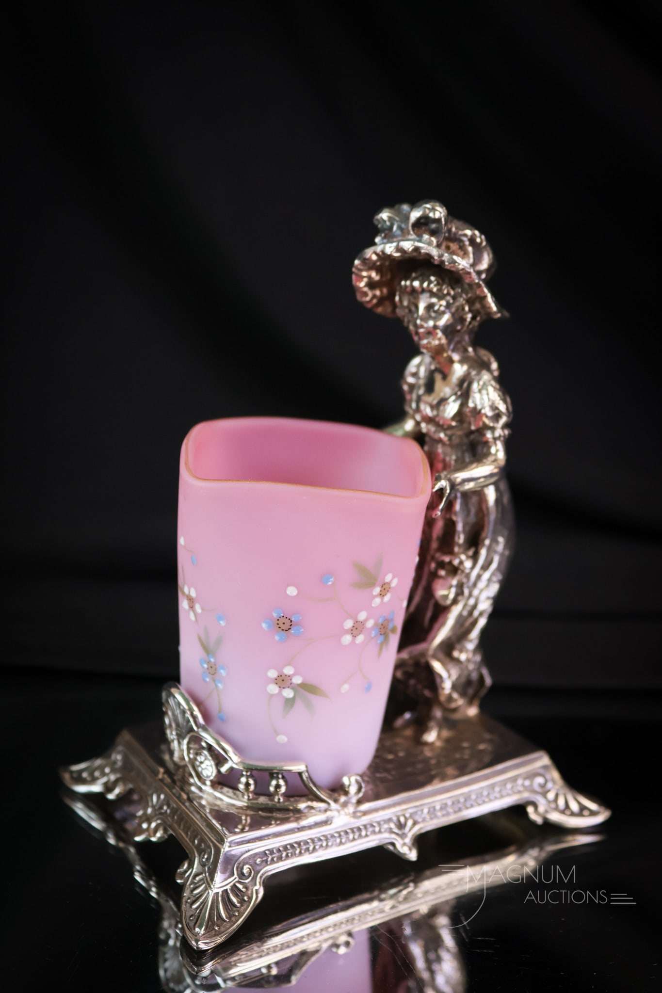 Very Rare Tufts Silverplate Kate Greenaway Maude Feld Mt. Washington Peachblow Victorian Glass: A very rare find in our auction. This one is a Mother Magnum favorite. Here we present a signed James Tufts silver-plated figural Kate Greenaway holder, complete with a Mt. Washington-decorated peachb