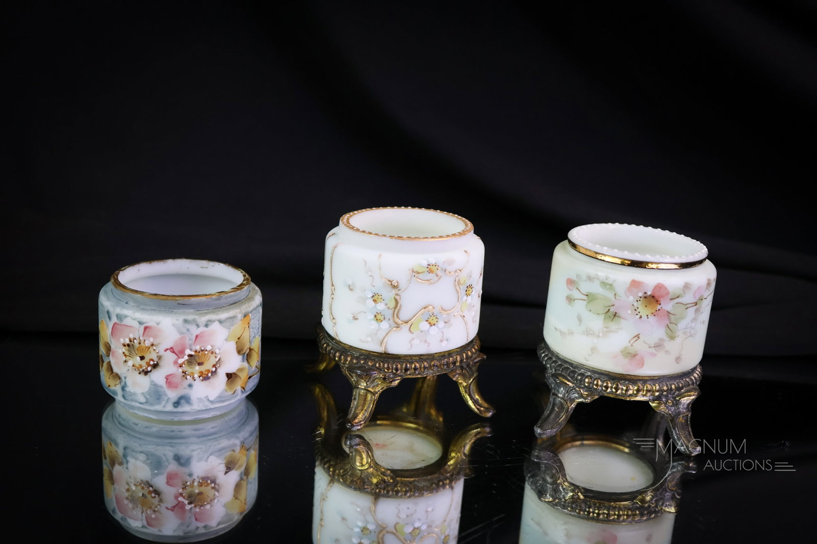 3 pc Lot Wave Crest Victorian Glass Toothpick Holders Kelva & More: Three unique finds in Victorian wave Crest toothpick holders. Each is adorned with flowers. Two have applied metal feet. One is a Kelva example. The tallest measures 2 1/4". SHIPPING NOTICE: If you ch
