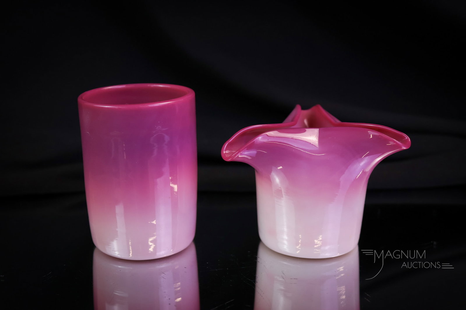 2 pc Lot New England Victorian Peachblow Glass Toothpick Holders: Two pretty in pink Victorian glass toothpick holders in various forms for your bidding pleasure. This offering includes a tri-corner example along with a whickey glass form. The tallest measures 2 1/2