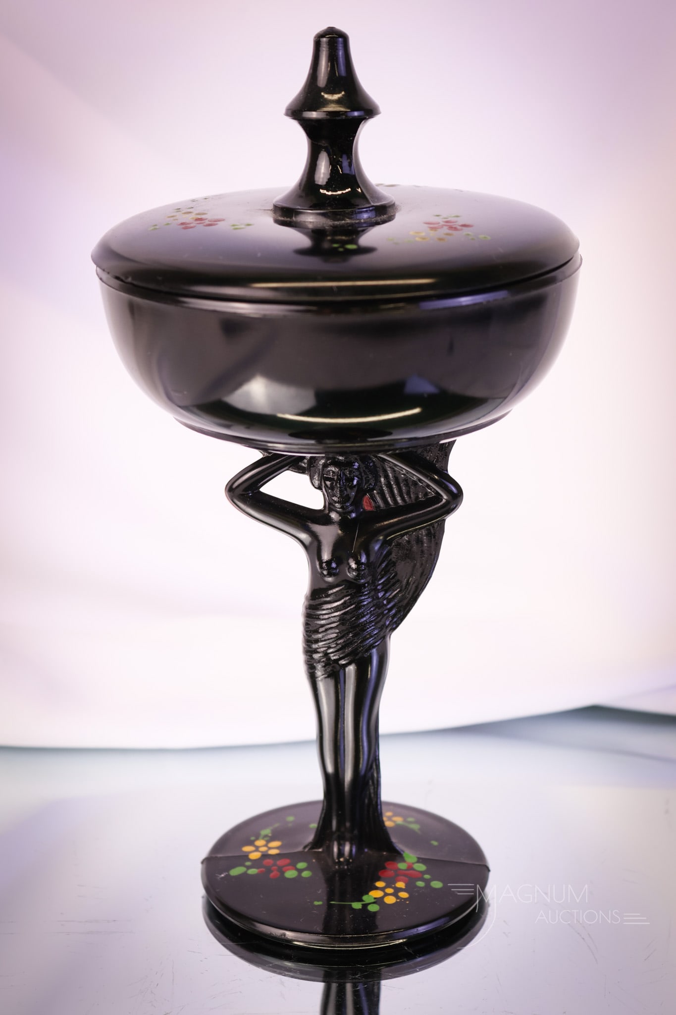 L.E. Smith "Carrie" Covered Black Glass Enameled Candy Dish (1 of 8)