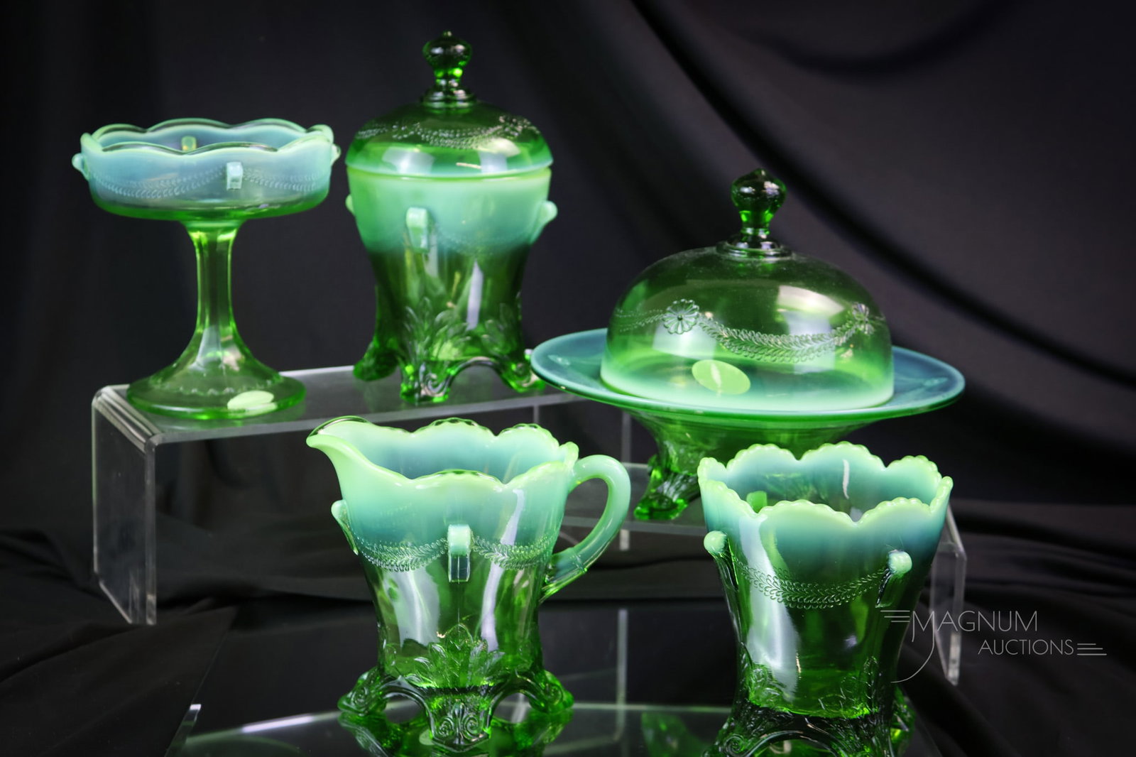 5 pc Jefferson Green Opalescent Swag with Brackets Table Set & More: A beautiful and complete set in Jefferson glass Swag with Bracket pattern. This set, plus more, is in green opalescent Victorian glass. The offering includes a jelly compote as well. The tallest measu