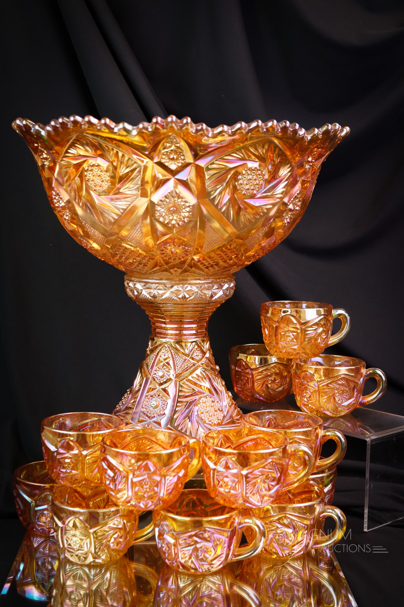 14pc Set Imperial Marked Whirling Star Marigold Carnival Glass Punch Bowl Base & Cups (1 of 12)