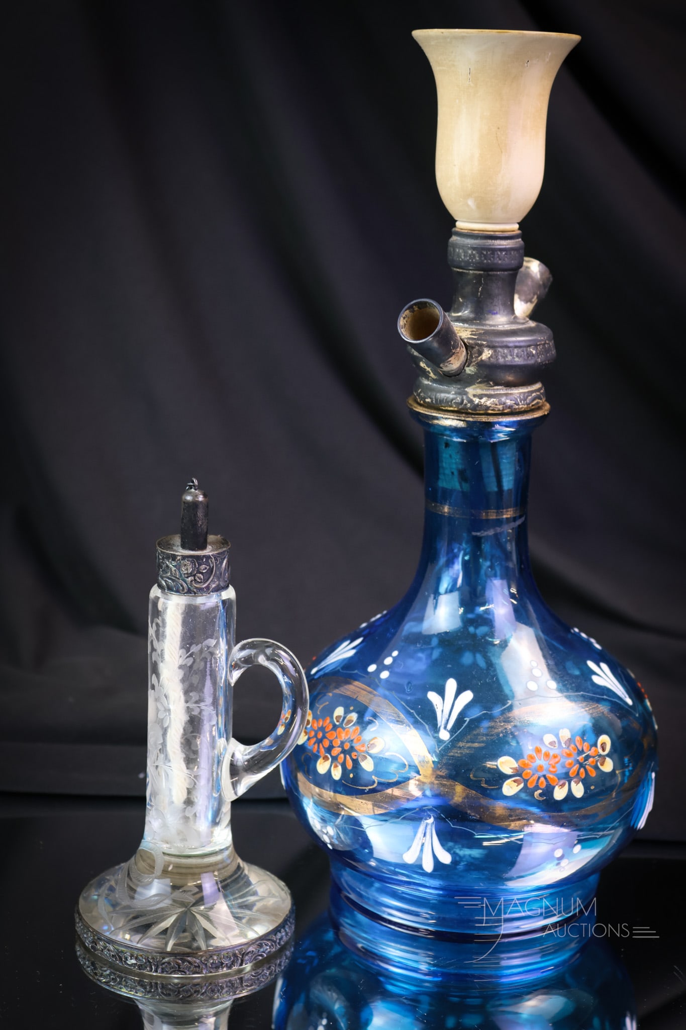 2 pc Lot Victorian Glass Rare Antique Hookah w/Bone & Alcohol Engraved Glass Lamp: Two delightful pleasures in Victorian glass. The first is a rare blue enameled glass Hookah with the original bone top cup with fittings. This piece measures 10 3/4" tall and 4 3/4" wide. The second p