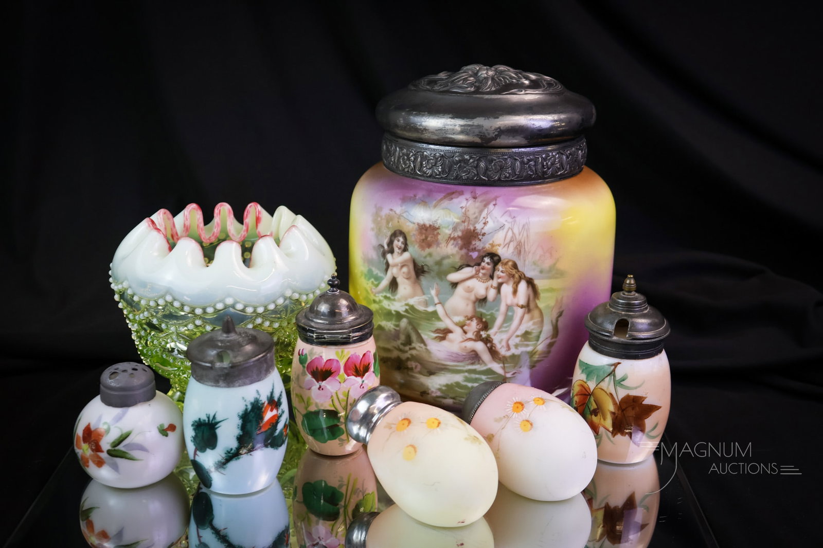 8 pc Lot Victorian Glass & Porcelain Uranium Mt. Washington Humidor & More: A generous eight-piece lot of Victorian pleasures. This lot includes so much, so bid plenty high! There is a pair of faux burmese glass decorated lay-down egg salt shakers with daisy decoration. Three