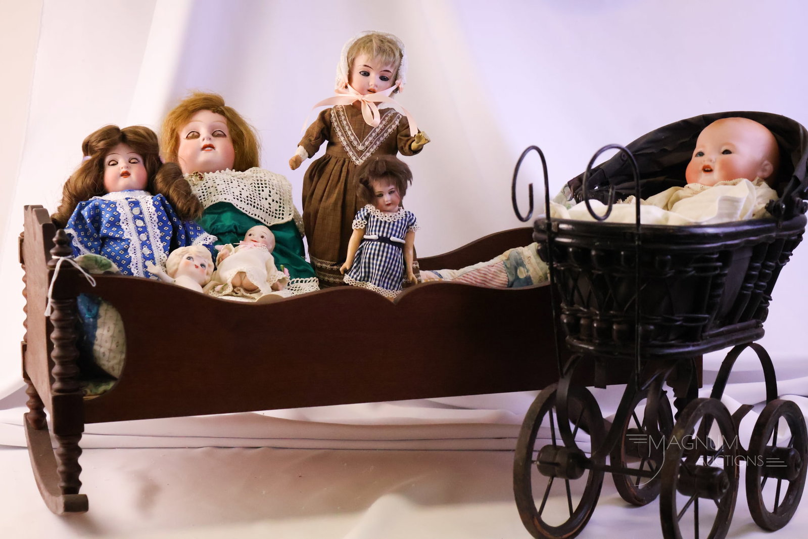 9 pc Lot Antique Bisque Dolls Cradle Carriage & More (1 of 18)