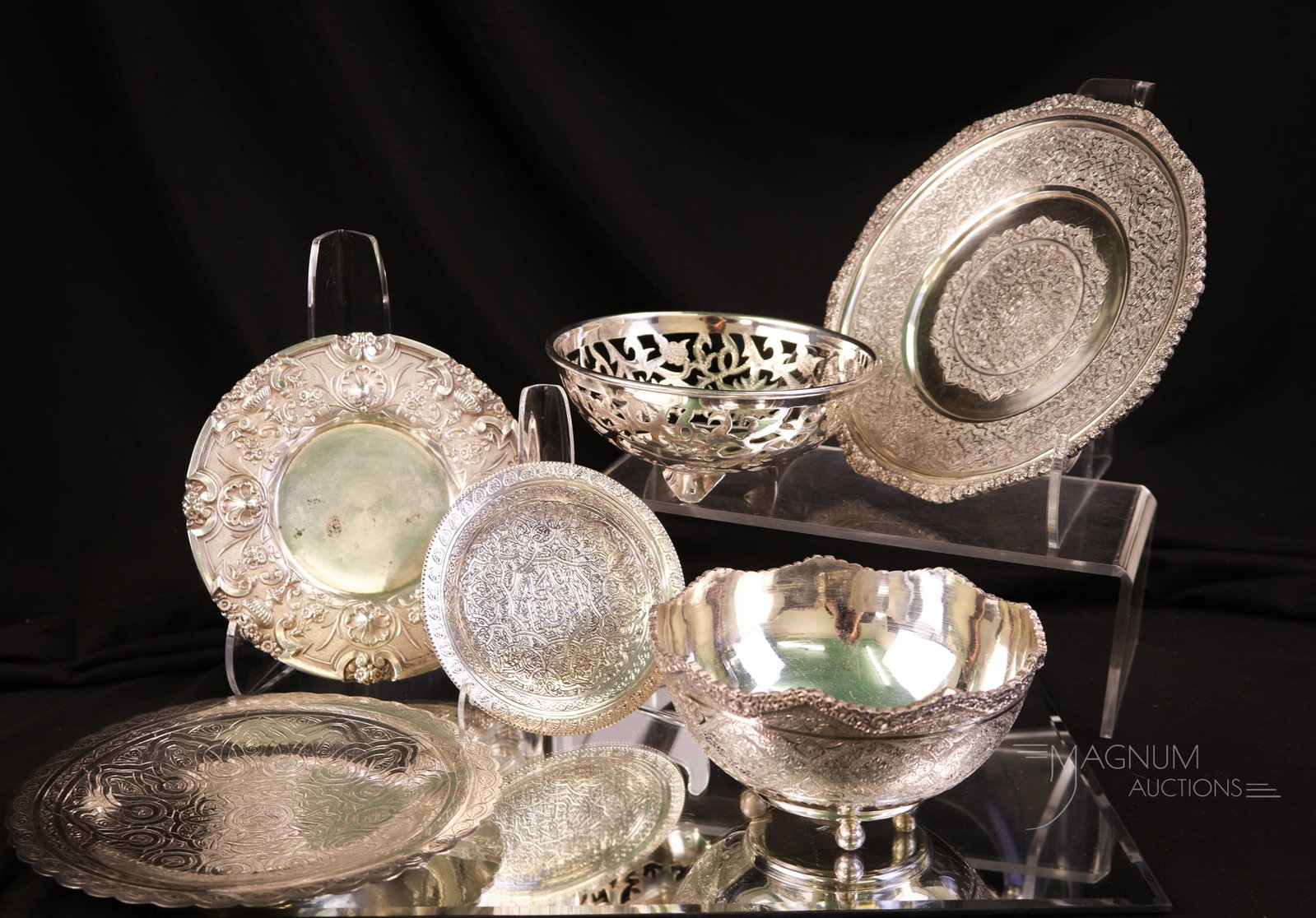 6 PC Lot Persian Indian Silver Articles 23.626 OZT: A fine group of Persian and/or Indian silver. The purity level is just below sterling, between 800 and 925. The lot weighs 23.626 OZT. The tallest measures 2 1/2". The widest is 6 3/4". WIRE TRANSFER
