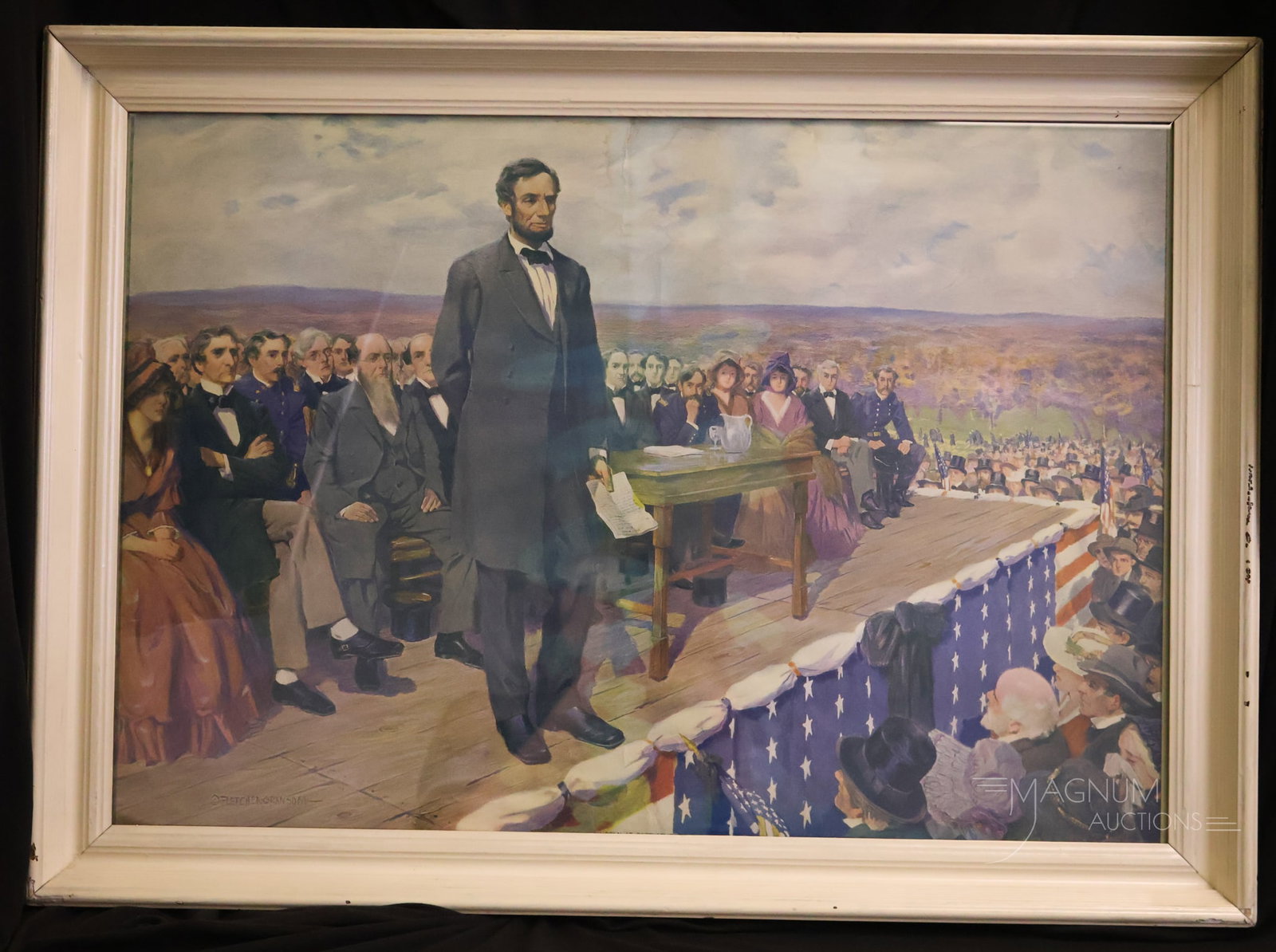 Fletcher C. Ransom "Lincoln at Gettysburg" Antique Framed 31" Print: A nice find in an antique Fletch C. Ransom framed print. This one is titled, "Lincoln at Gettysburg." The frame measures 31" by 22 1/2". A tear is noted in the print. There is also general