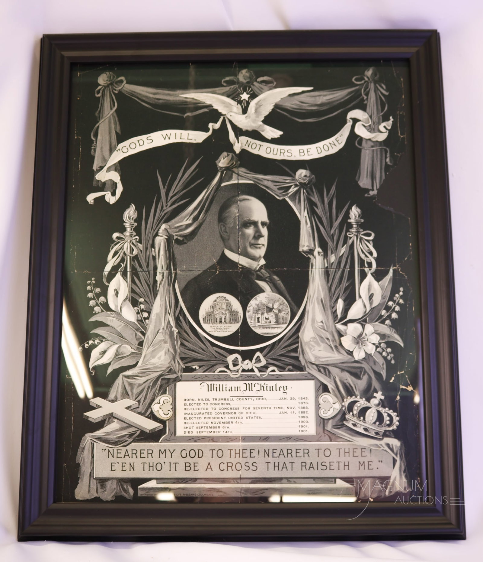 William McKinley Framed Memorial Lithograph Circa 1901: A circa 1901 framed memorial lithograph of William McKinley by Home Life Publishing Co. The frame measures 19" by 23". The lithograph exhibits various areas of wear and wrinkles along with tears and