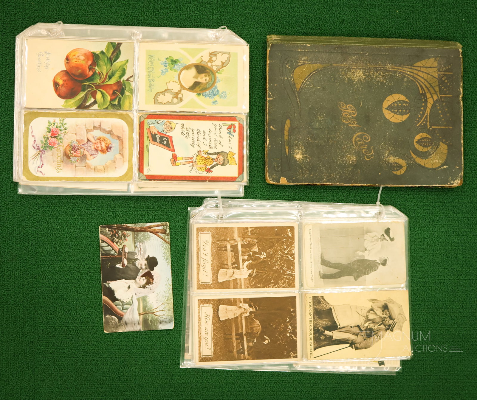 151 pc Antique Collectible Postcards: A way-more-than-generous assortment of 151 antique collectible postcards. This lot offers various themes such as greetings, portraits, fashion, and general. The tallest measures 3 1/2".