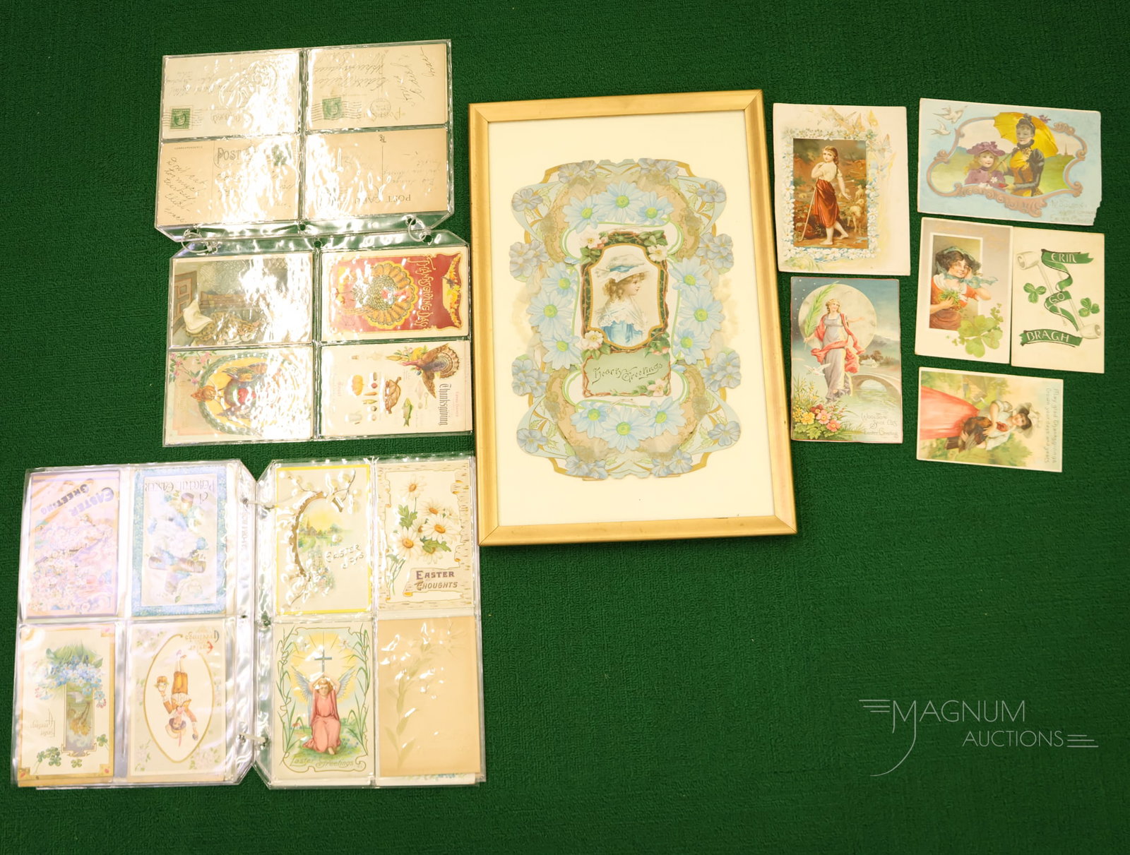 65 pc Lot Holiday Postcards Halloween Easter Thanksgiving & More: A select assortment of 65 holiday postcards and one framed Easter card. The lot includes holidays such as Halloween, easter, and Thanksgiving. The tallest measures 17".