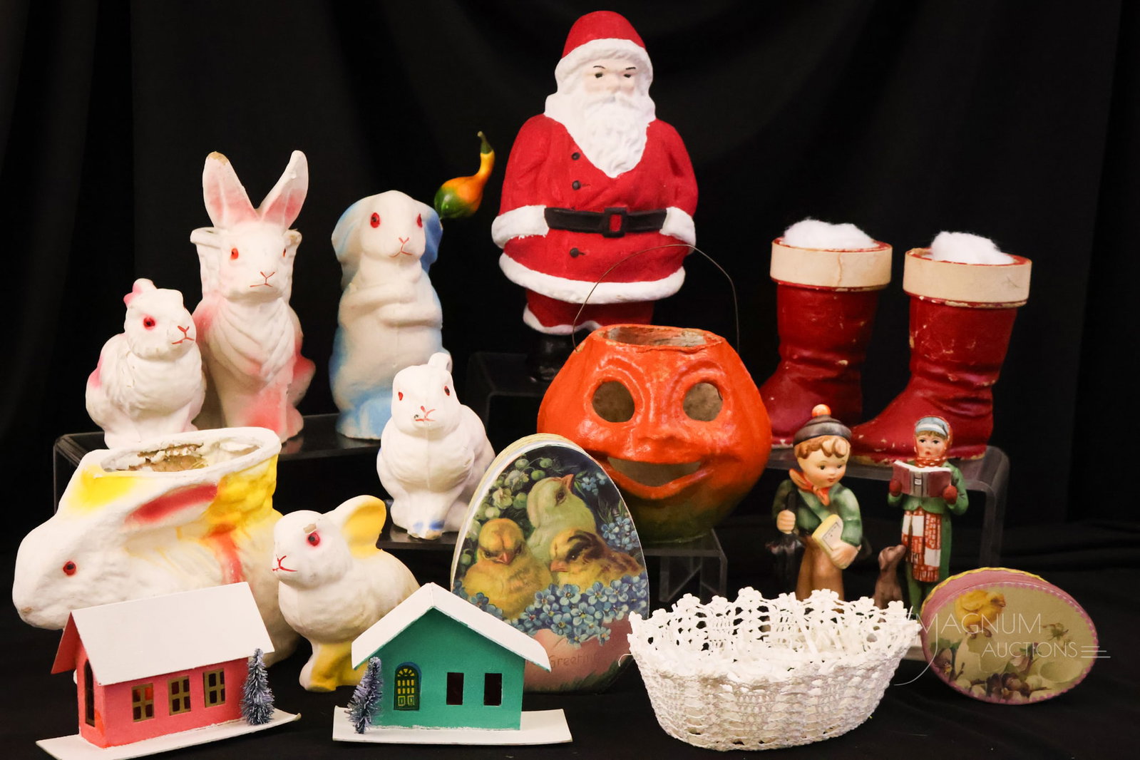 18 pc Vintage Holiday Lot Christmas Easter & Halloween: A more than generous offering of vintage holiday decorations. This lot includes Christmas, Easter, and Halloween articles. The tallest measures 10". The widest is 7".
