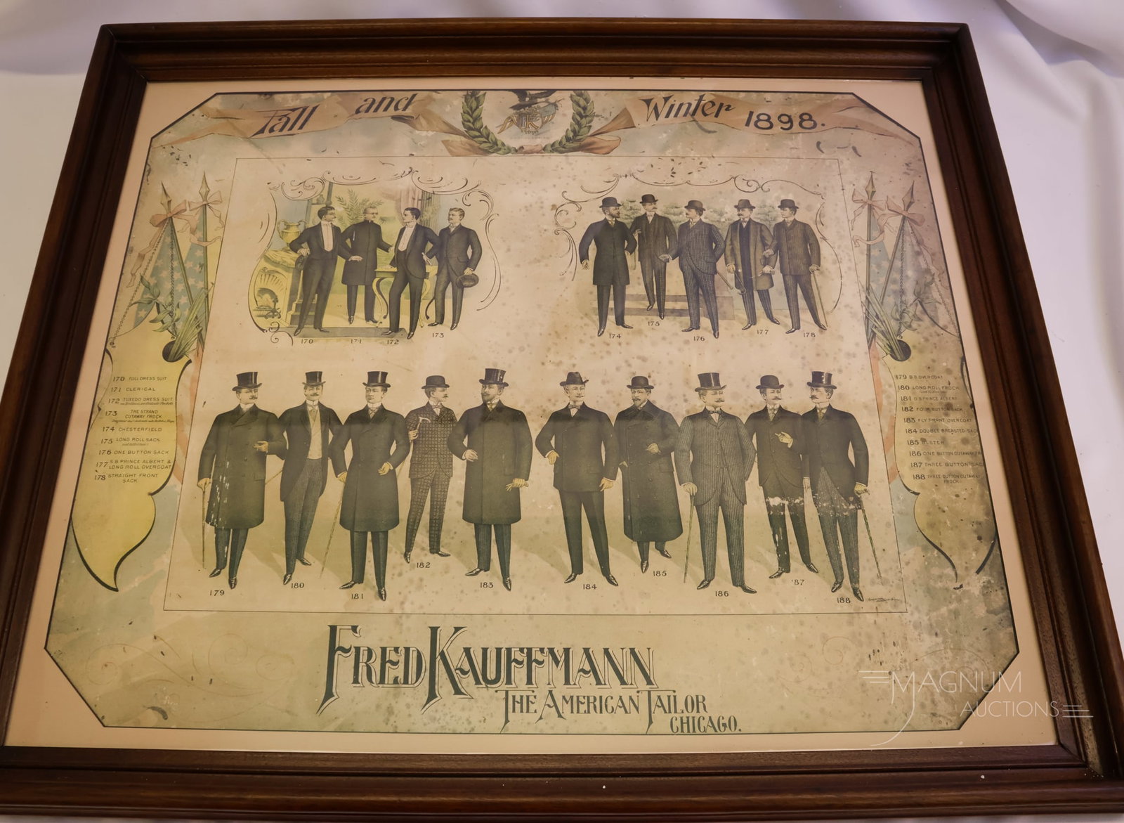 Original Framed 1898 Fred Kauffmann "The American Tailor" Lithograph.: A fine example of an original framed 1898 Fred Kauffman "The American Tailor" lithograph. This piece measures 27 1/4" by 23". The lithograph exhibits light wear and soiling.