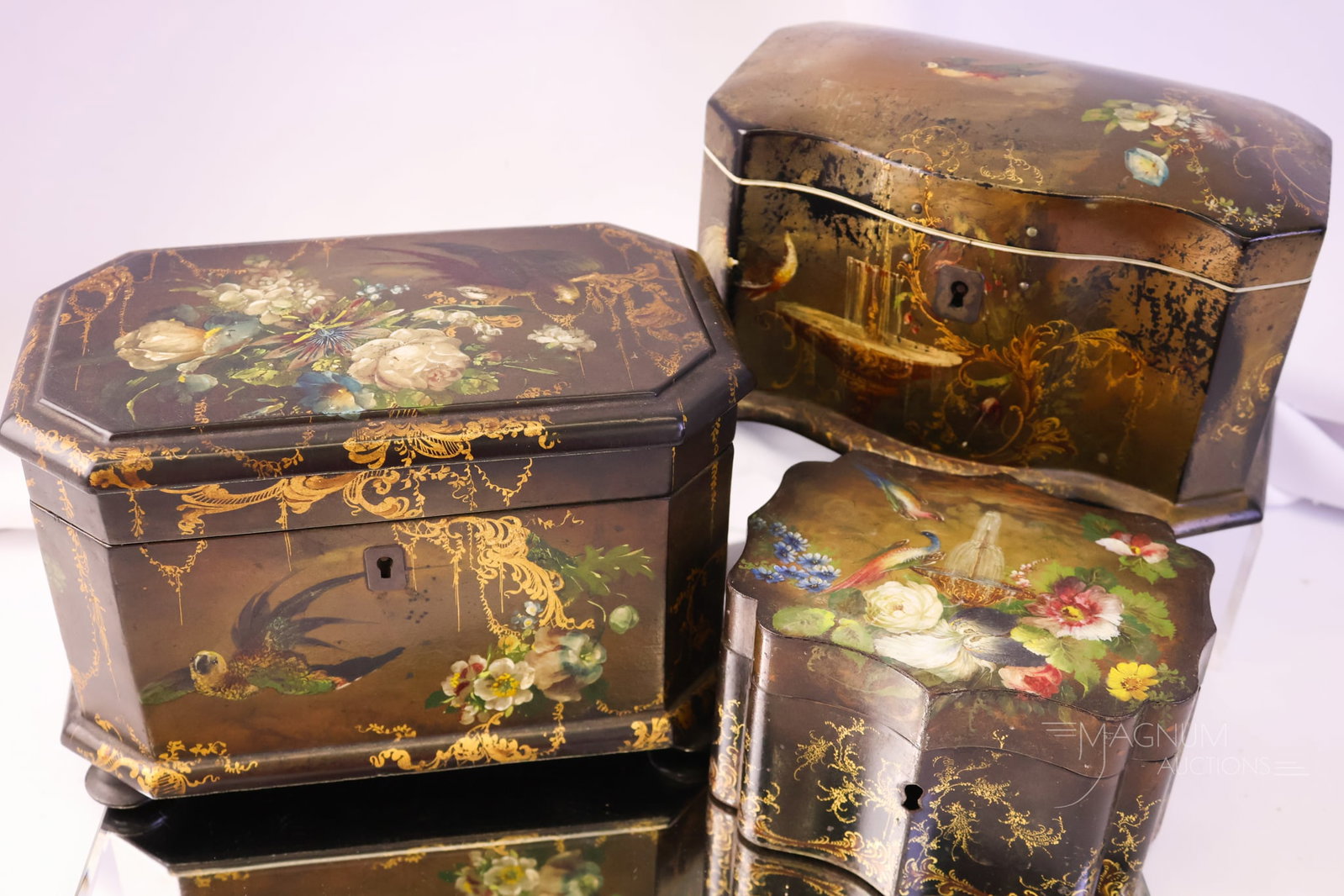 3 pc Lot Antique Victorian Tea Caddies Paper Mache' & More: Three super examples of Victorian tea caddies. The first two are paper mache' decorated with florals and exotic birds. The third example is made of tin and decorated with florals and peacocks. The