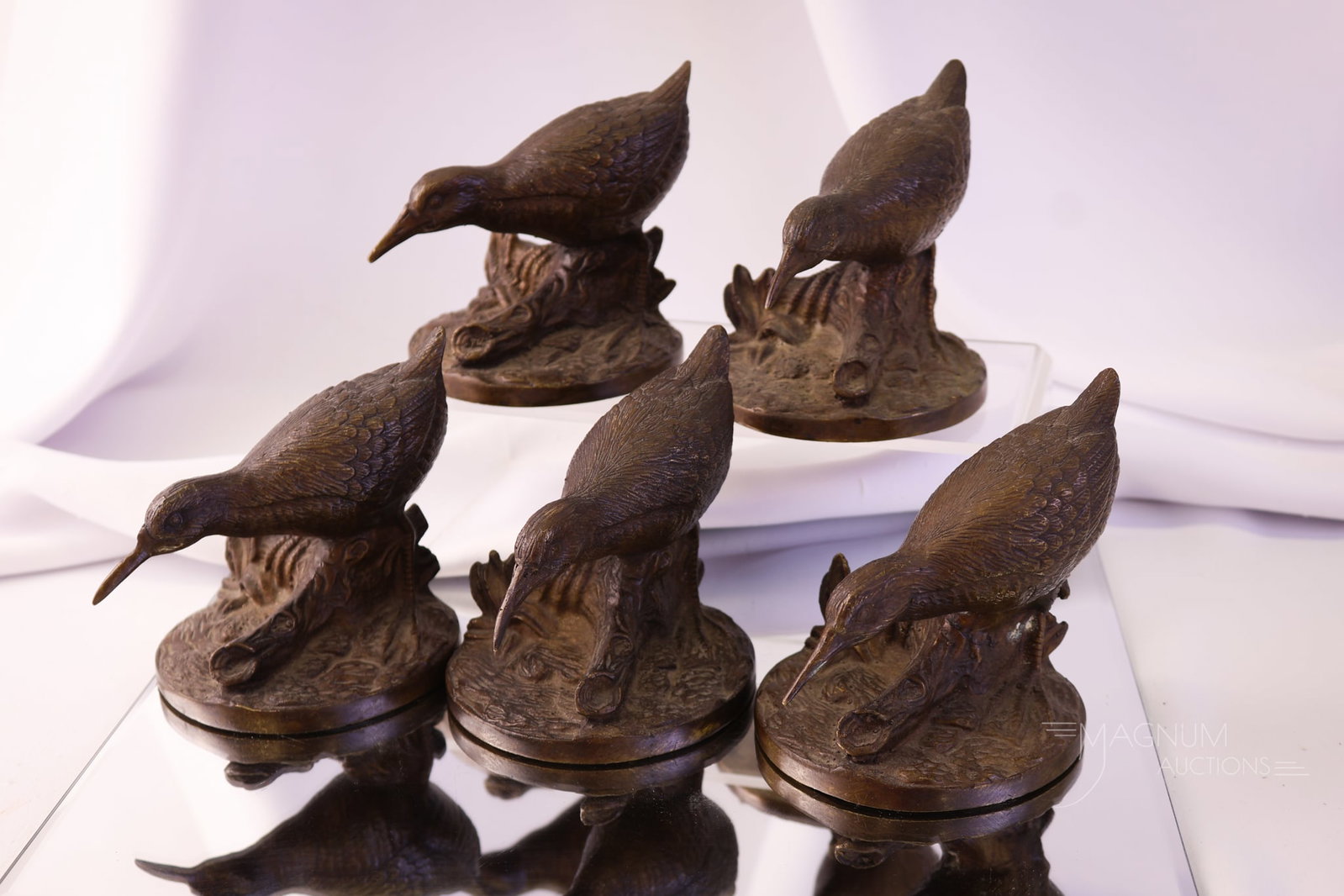 5 pc Set "Water Rail" Bronze Statuettes by Isidore Jules Bonheur: A lovely set of five bronze statuettes by Isidore Jules Bonheur. These feature "Water Rails" birds. The largest measures 4" tall and 4" wide.