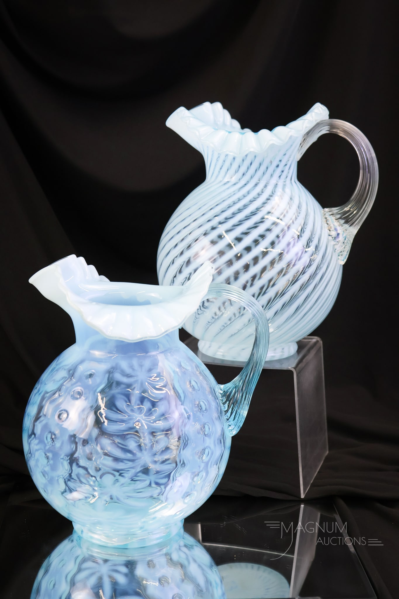 2 pc Lot Fenton L G Wright Blue Opalescent Water Pitchers (1 of 10)