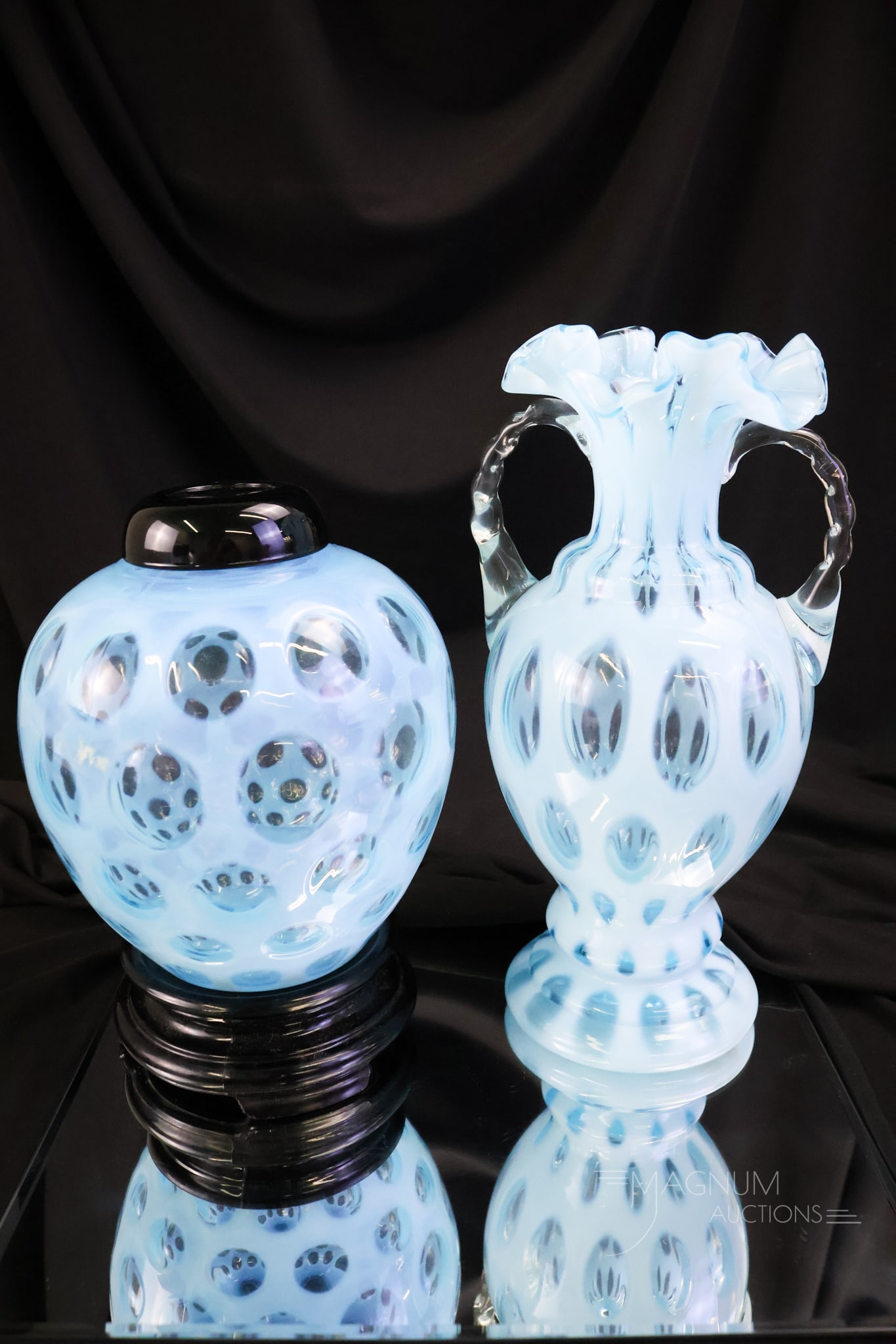 2 pc Lot Fenton Blue Opalescent Art Glass Coin Dot Vase & Ginger Jar (1 of 14)