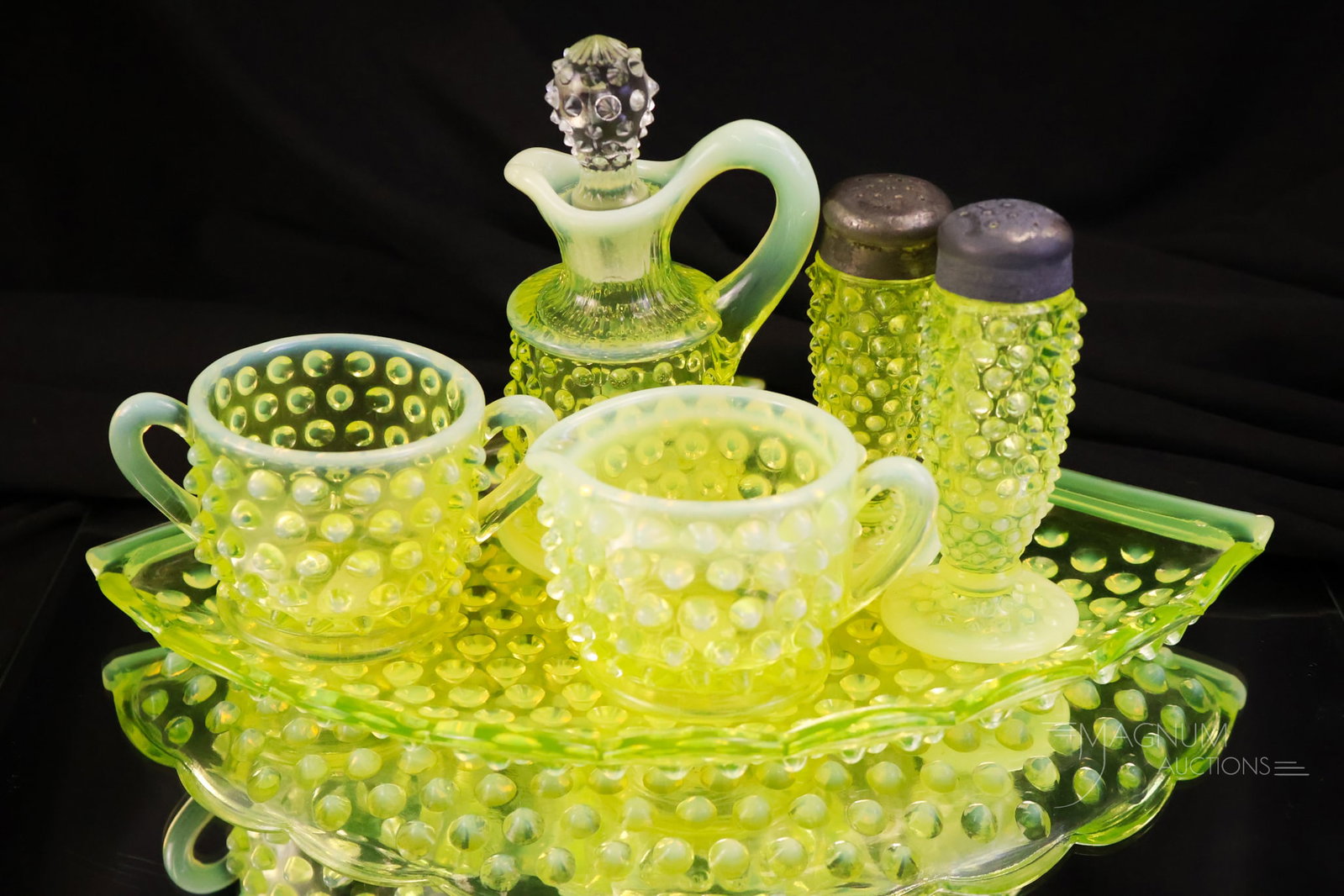 6 pc Set Fenton Topaz Vaseline Opalescent Art Glass Condiment Set Uranium (1 of 12)
