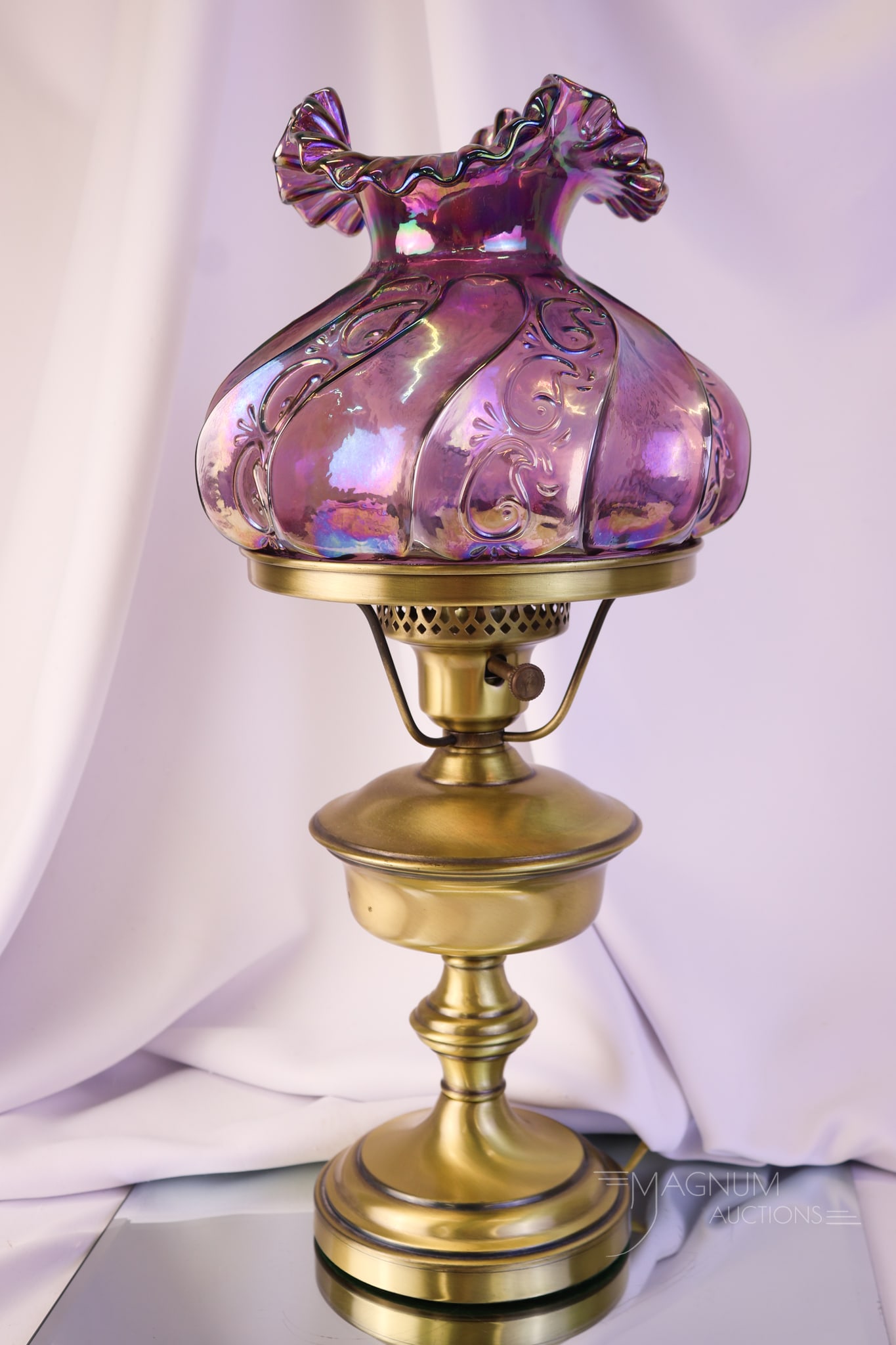 Fenton Lavender Carnival Paisley Art Glass Table Lamp: A beautiful and yet, Fenton Lavender Carnival Paisley pattern table lamp. This lamp has a gorgeous color and finish. The lamp measures 19" tall and 8" wide.