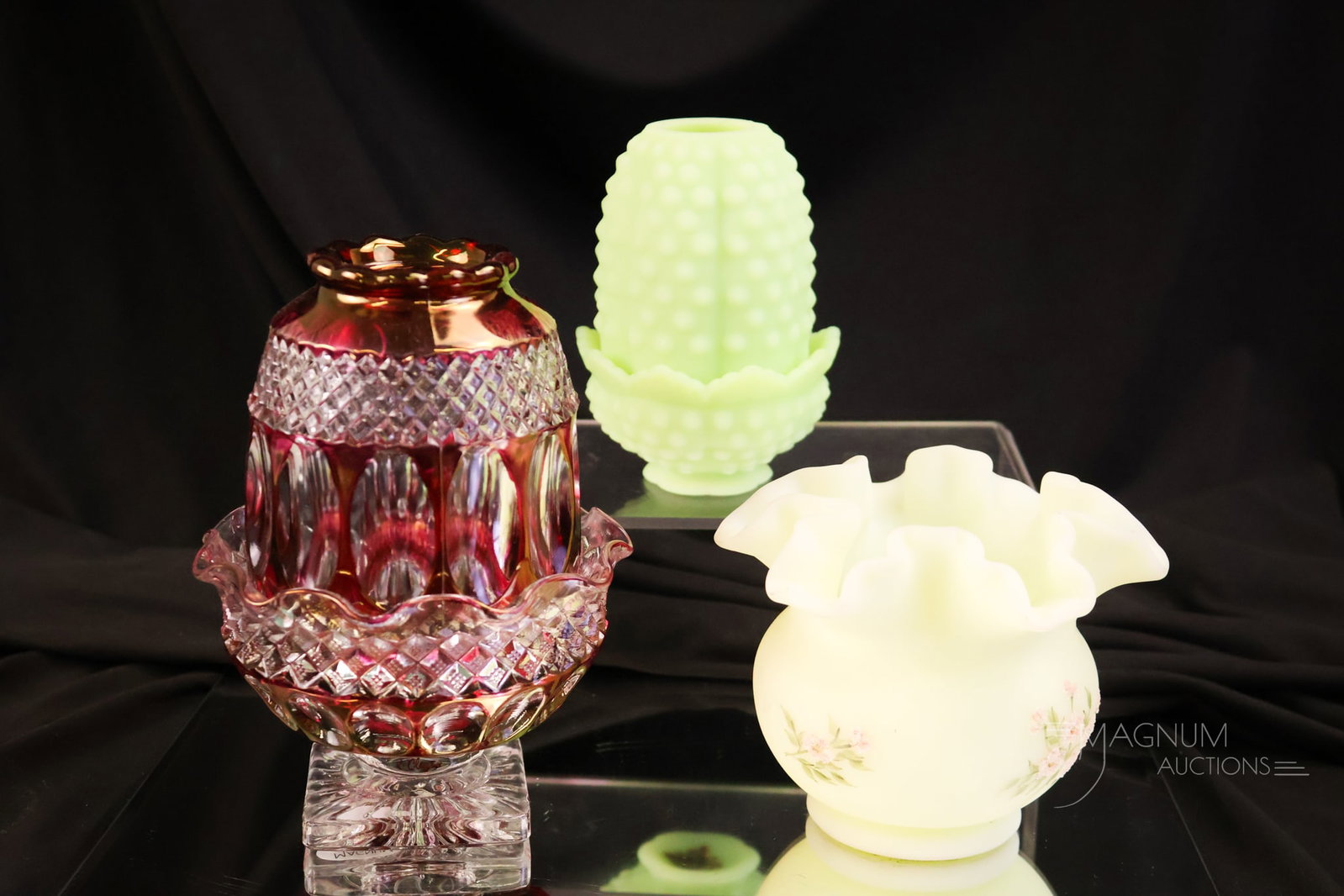 3 pc Lot Westmoreland & Fenton Glass Fairy lamps & More Uranium: Three selections that are sure to please in this lot. The lot includes a Westmoreland ruby flash glass fairy lamp. A Fenton Lime Green satin Hobnail pattern fairy lamp. The last piece is a custard sat