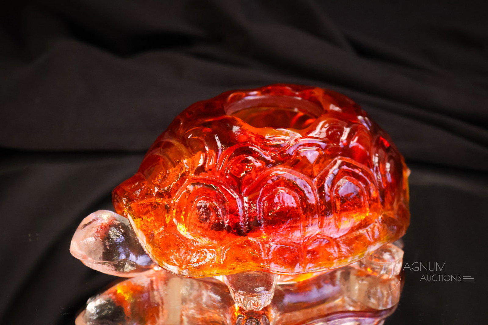 L.E. Smith Amberina Art Glass Turtle Fairy Lamp: A rare find in L.E. Smith glass. This is an amberina figural turtle fairy lamp. This little guy measures 2 1/2" tall and 6" long.