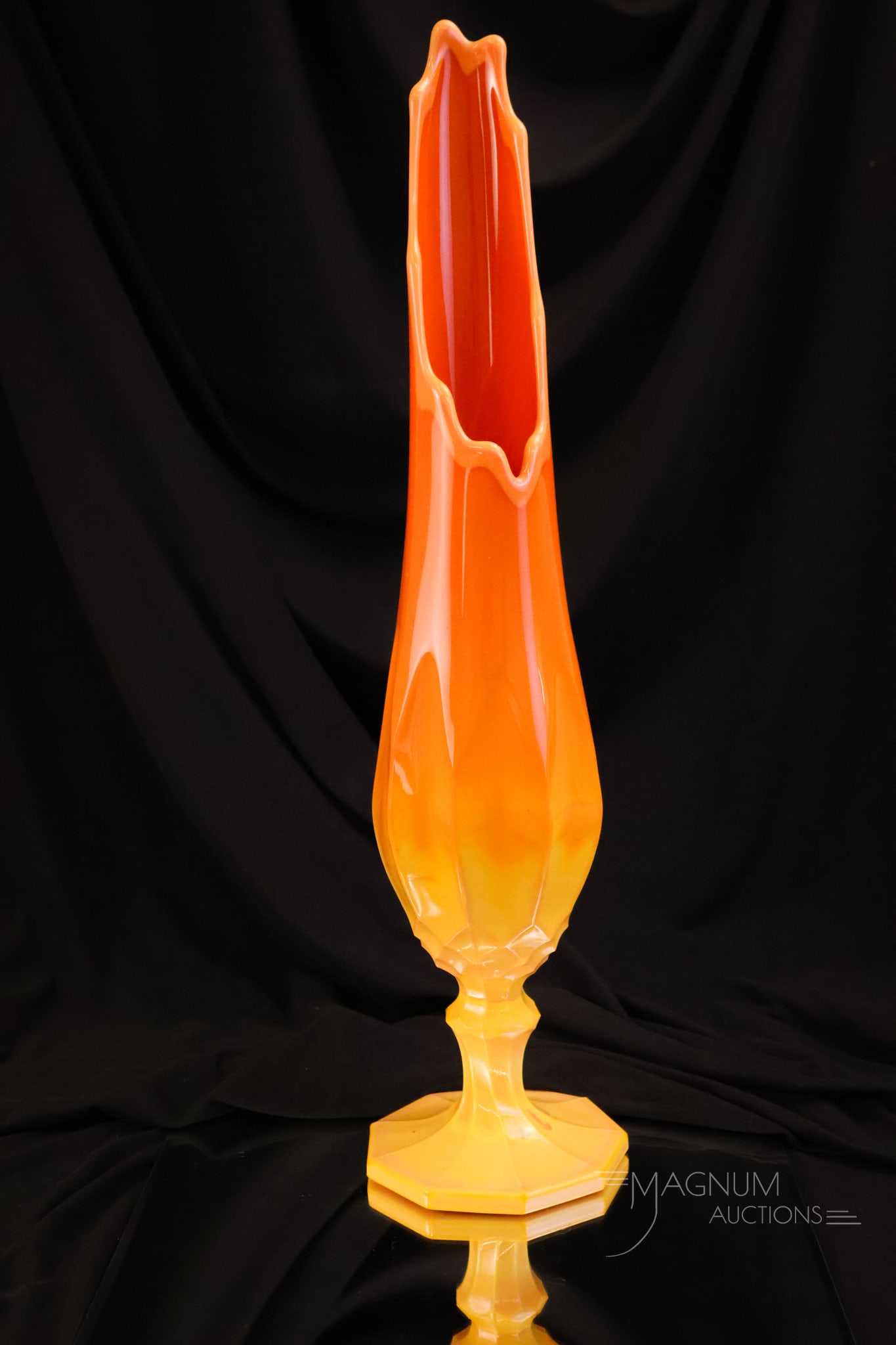 Bittersweet 20" L.E. Smith Dominion Bittersweet Swung Vase: A striking find in L.E. Smith glass. This is a 20 1/4" tall swung vase in the Dominion pattern. This vase measures 20 1/4" tall and 5" wide.