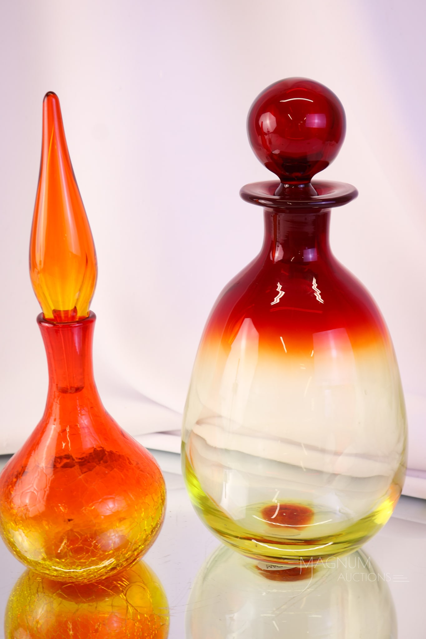 2 pc Lot Blenko Art Glass Tangerine Crackle & More Decanters (1 of 8)