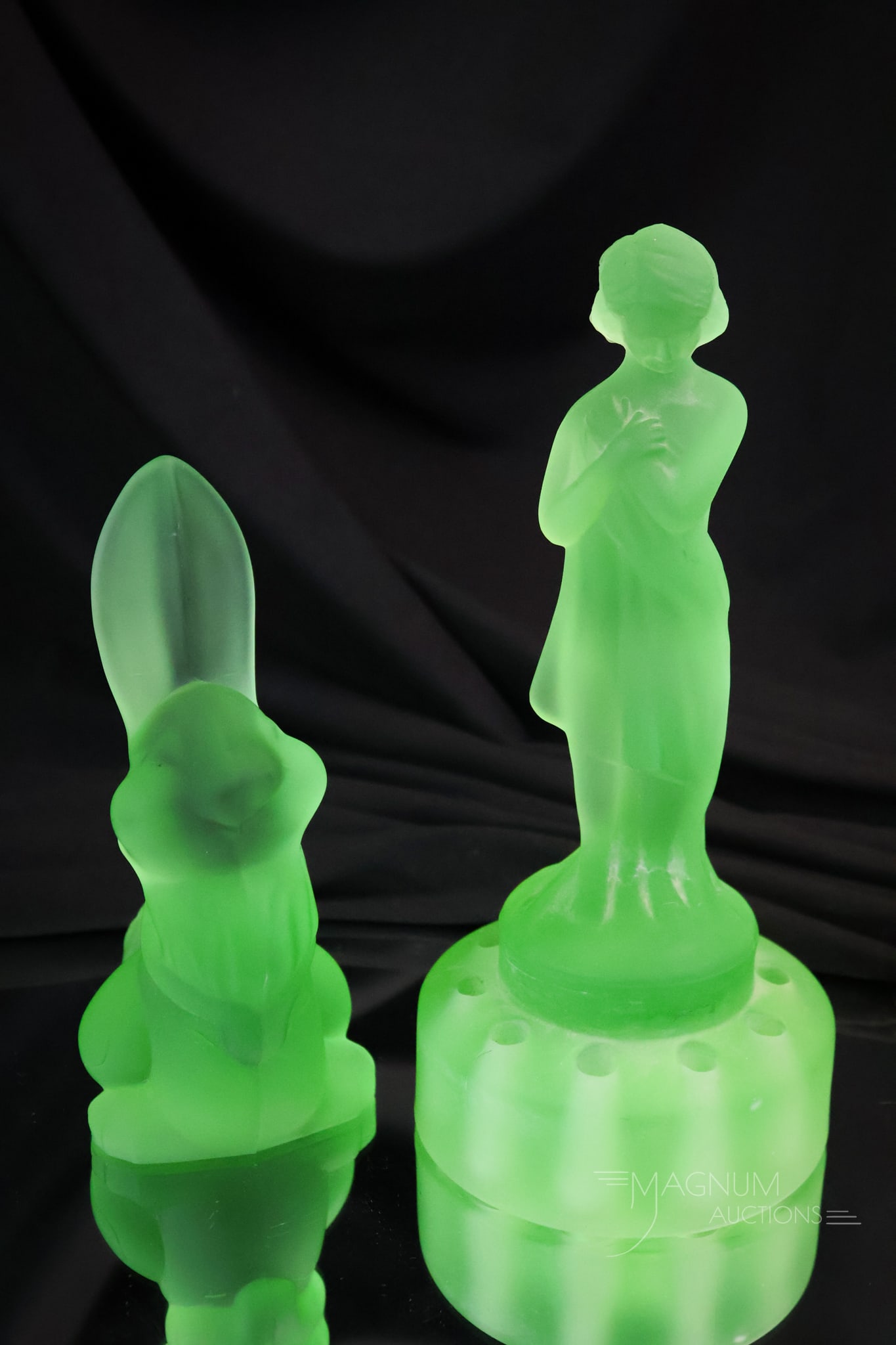 2 pc Lot Viking & Cambridge Green Satin Glass Uranium & More: Two unique finds in green satin glass for your bidding pleasure. One is rich in uranium glass. One is not. The first is a Viking Thumper rabbit that does not glow. The second is a Cambridge Draped Lad