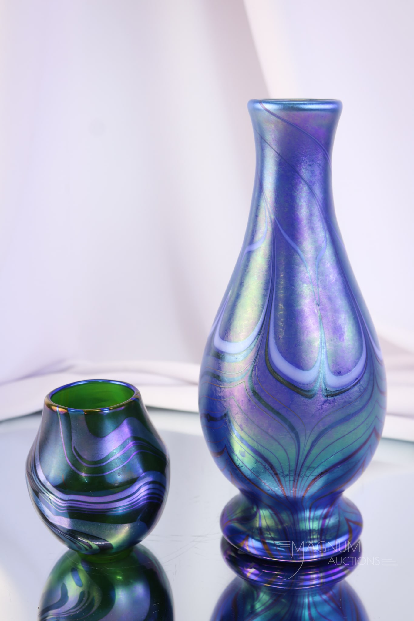 2 pc Lot Blue Iridescent Art Glass Vases Lundberg Orient & Flume (1 of 10)