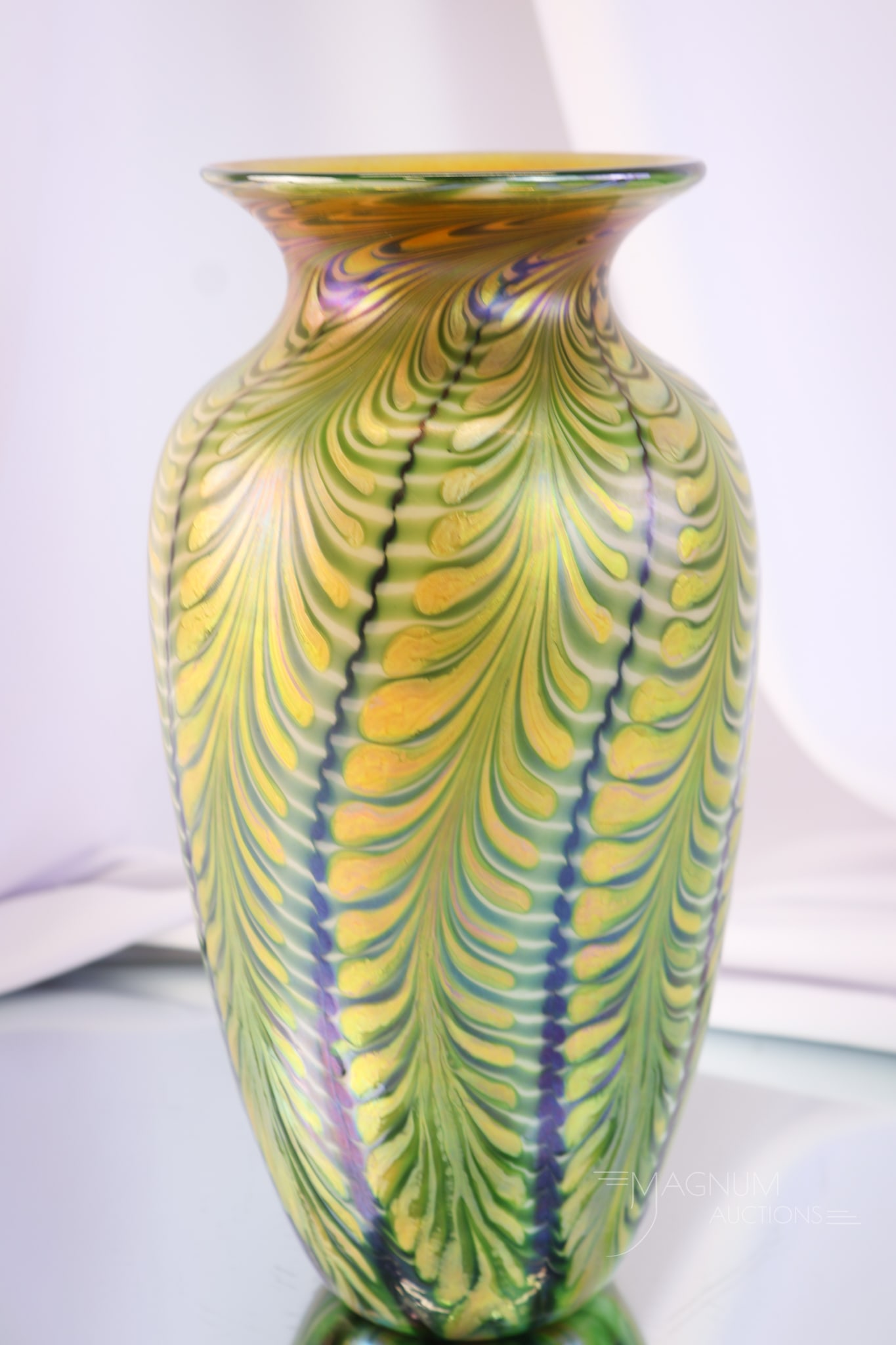 Signed Lundberg Studios Peacock Feather Iridescent Art Glass Vase (1 of 5)